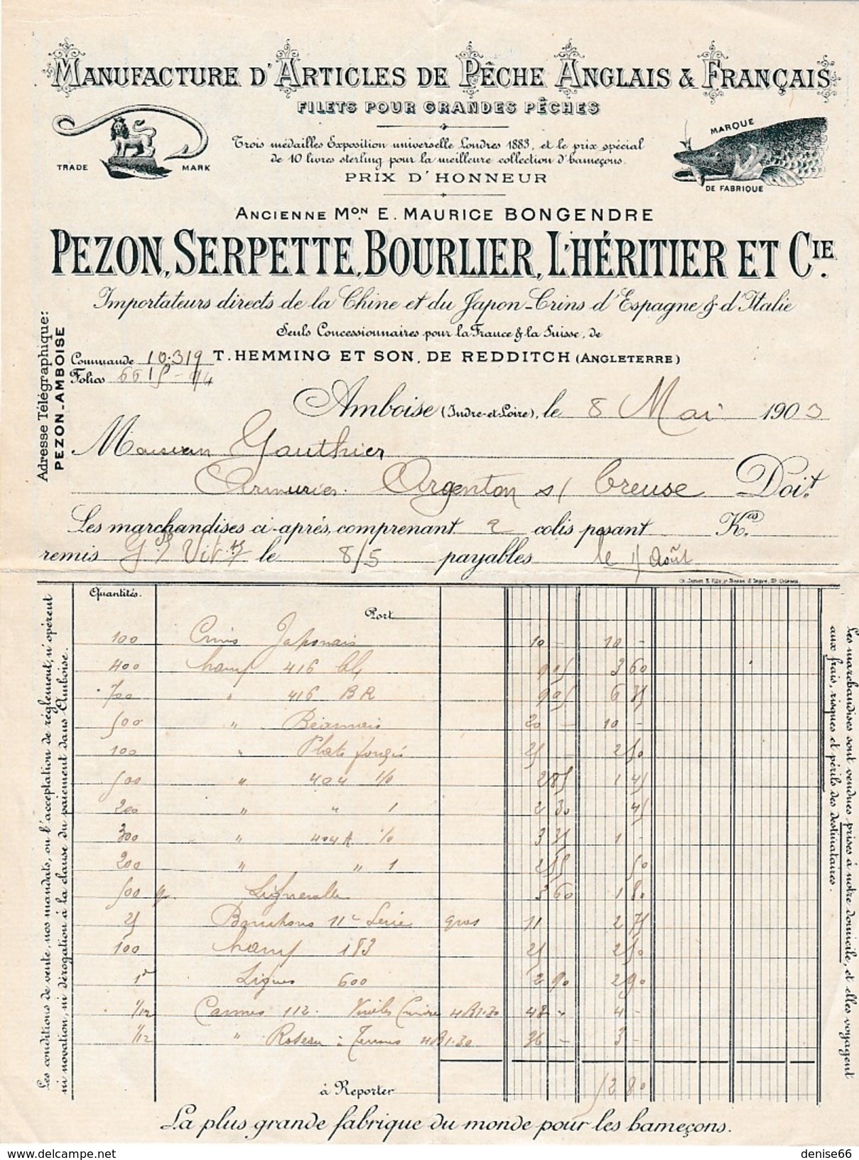 1903 - AMBOISE (37) - Manufacture D'Articles De PÊCHE ANGLAIS & FRANÇAIS.Maison Pezon, Serpette, Bourlier, L'Héritier & - Documents Historiques