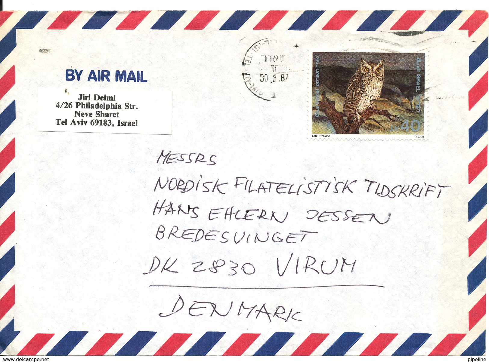 Israel Air Mail Cover Sent To Denmark 30-3-1987 Single Stamped OWL - Poste Aérienne