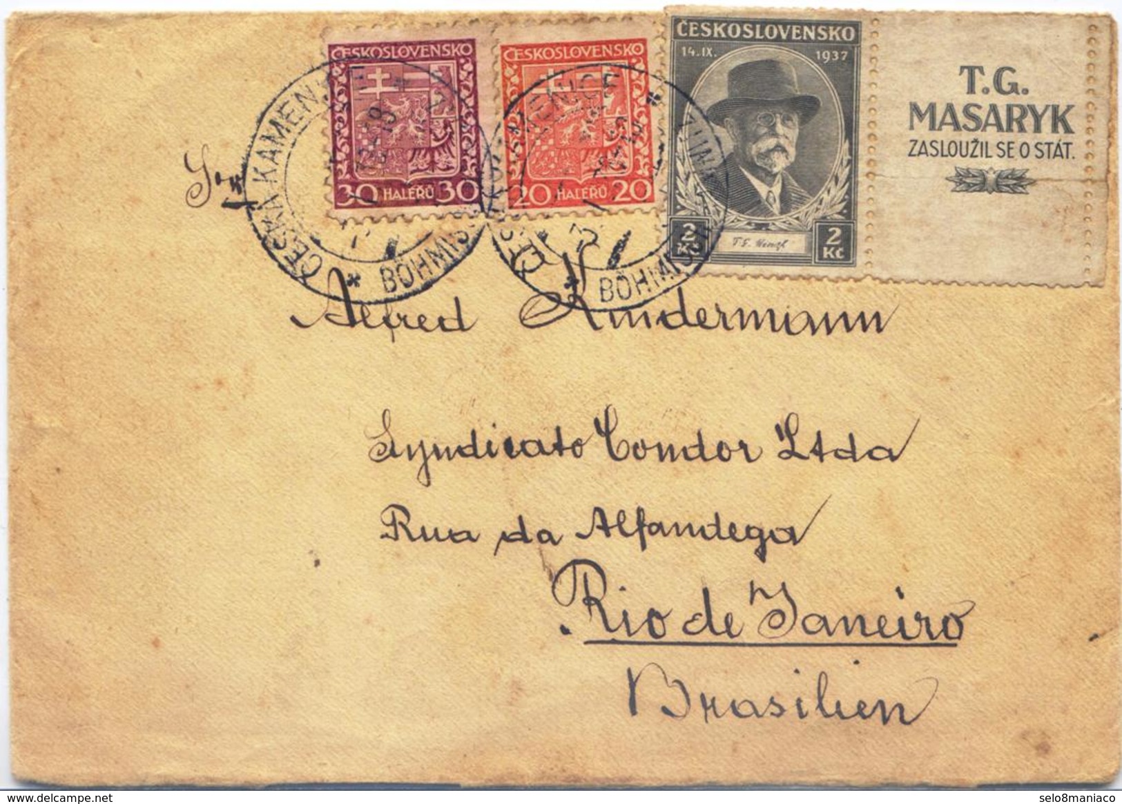 X1254-Czechoslovakia-Cover From Kamenice (Kamnitz) To Rio, Brazil-1938 - Lettres & Documents