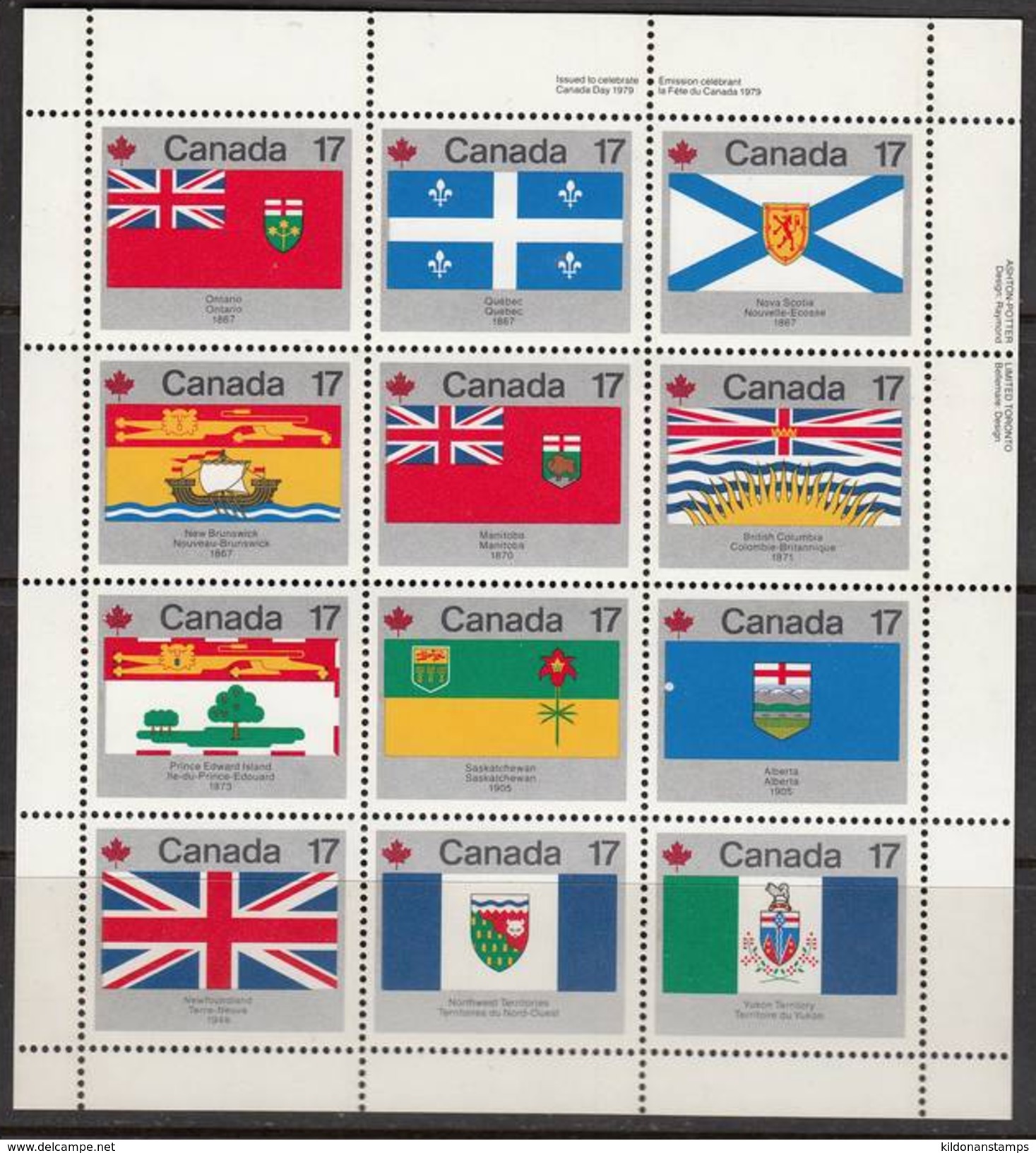 Canada 1979 Provincial Flags, Full Sheet, Mint No Hinge, Sc# 832a - Unused Stamps