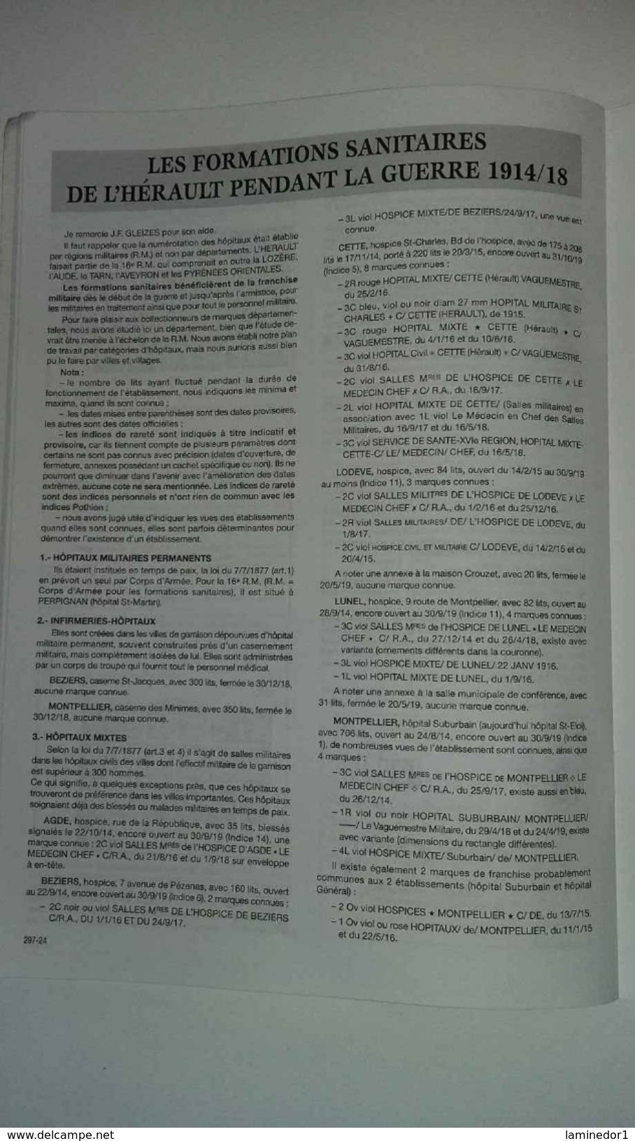 Les Feuilles Marcophiles N° 297; Les Formations Sanitaires Dans L'Herault 14-18 .... Et D'autres Dossiers Et études Inté - Französisch (ab 1941)