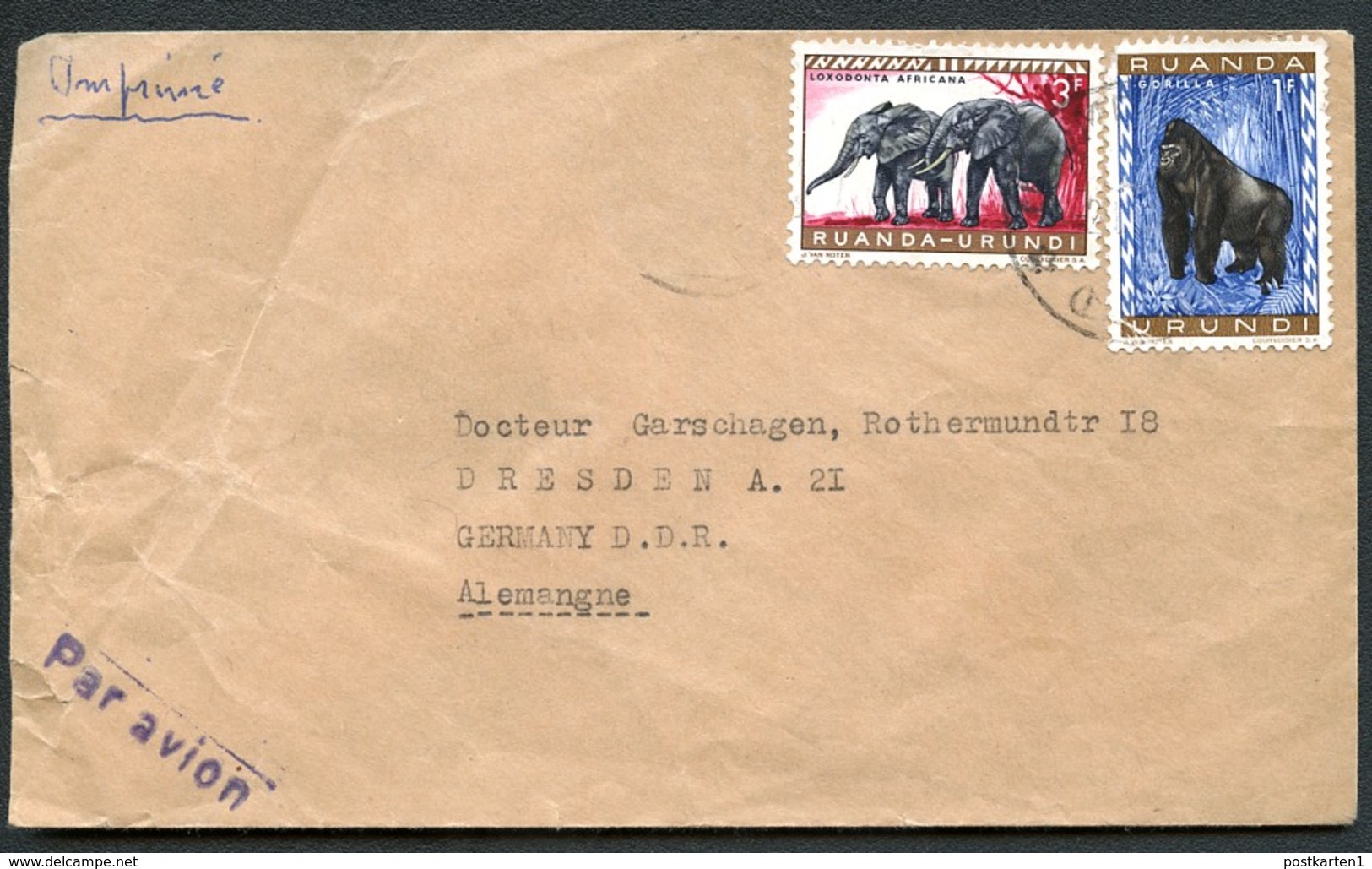 RUANDA URUNDI Cover GORILLA ELEPHANTS Used USUMBURA To East Germany 1960 - Briefe U. Dokumente