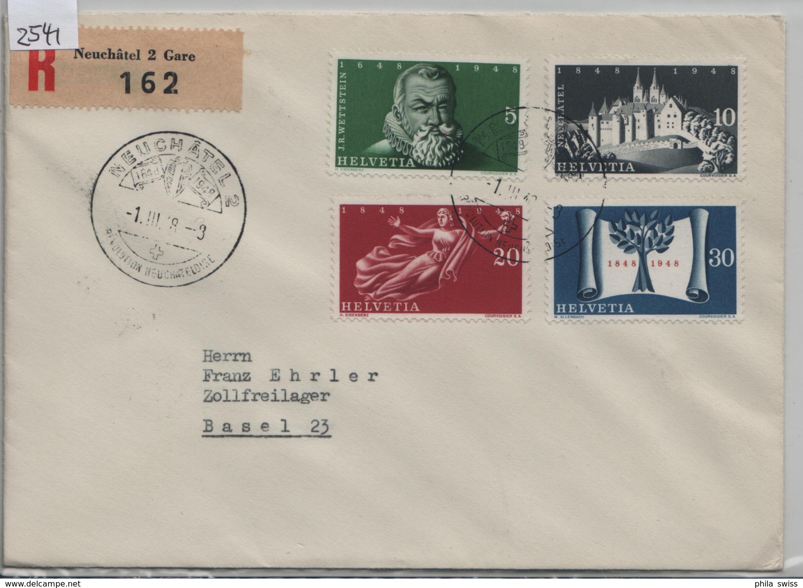 1948 100 Jahre Bundesstaat 281-284/496-499 Neuchatel Revolution Neuchateloise Recommande Nach Basel - Postmark Collection