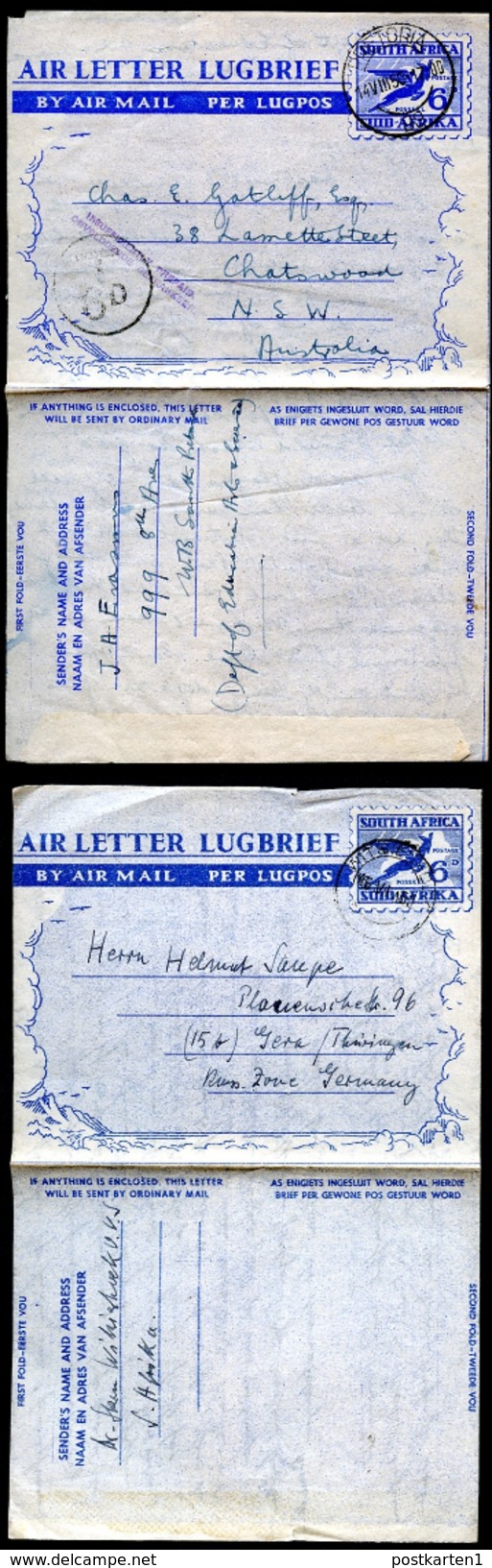 SOUTH AFRICA 2 Air Letters #F14 Used To Germany + Australia SHORTPAID 1950 - Poste Aérienne
