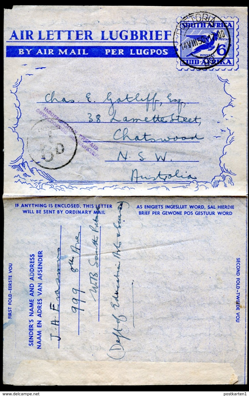 SOUTH AFRICA 2 Air Letters #F14 Used To Germany + Australia SHORTPAID 1950 - Poste Aérienne