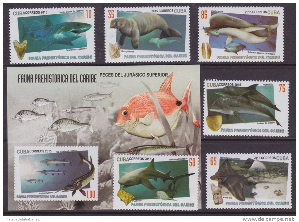 2015.157 CUBA 2015 MNH + HF FAUNA PREHISTORICA PECES FISH SHARK DOLPHIN STINGRAY. - Ongebruikt