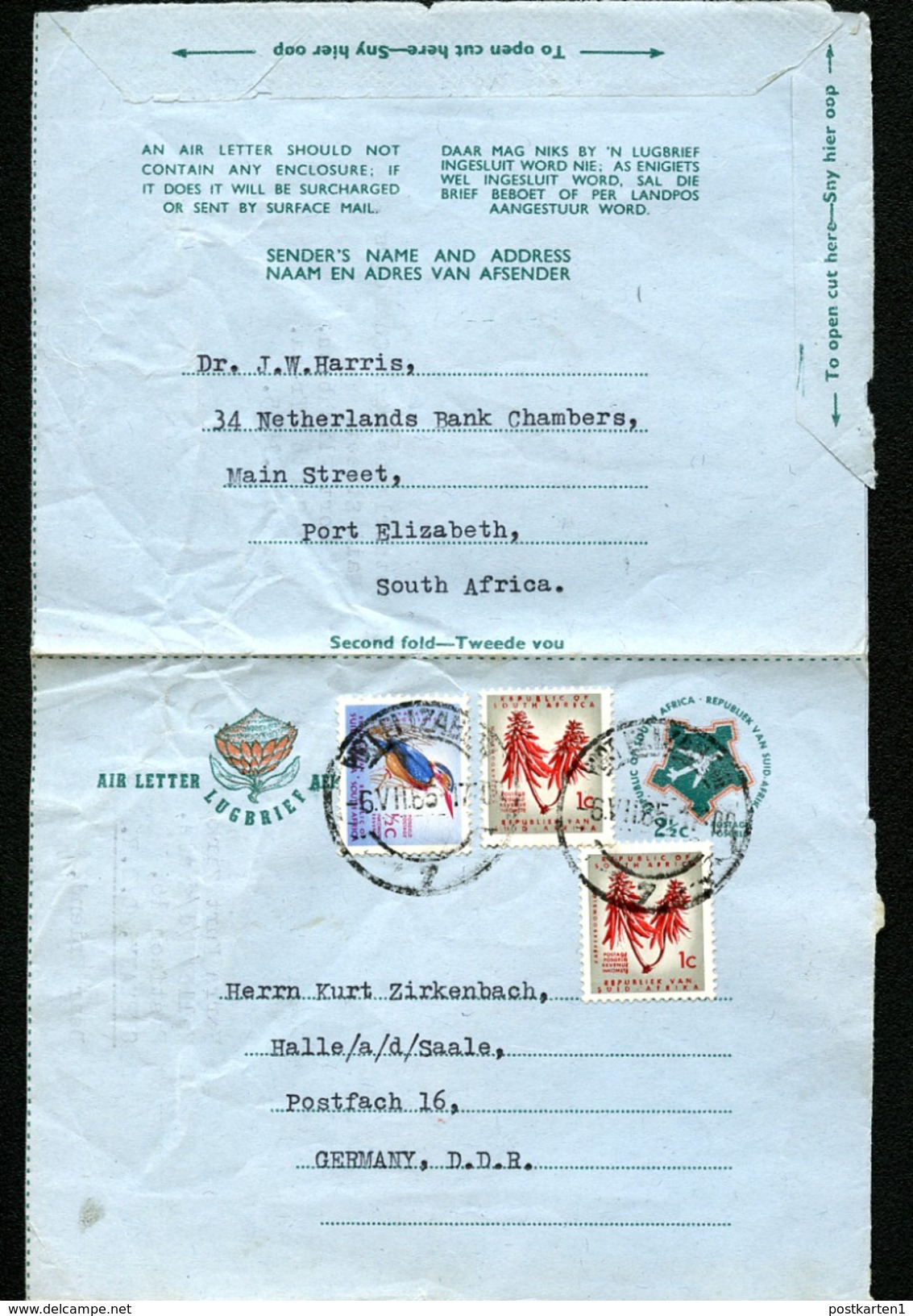 SOUTH AFRICA 2 Air Letters #56 Used EAST LONDON & PORT ELIZABETH To East Germany - Posta Aerea