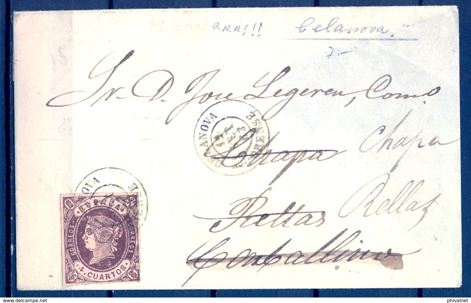 1863 , ORENSE , ENVUELTA CIRCULADA A CARBALLINO , MATASELLOS FECHADOR DE CELANOVA SOBRE 4 CUARTOS , ED. 58 , RRR - Lettres & Documents