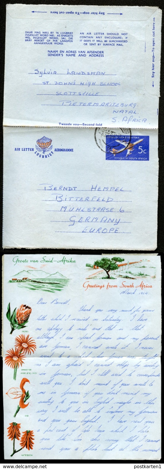 SOUTH AFRICA Air Letter #55 Used Pietermaritzburg To East Germany 1964 - Luchtpost