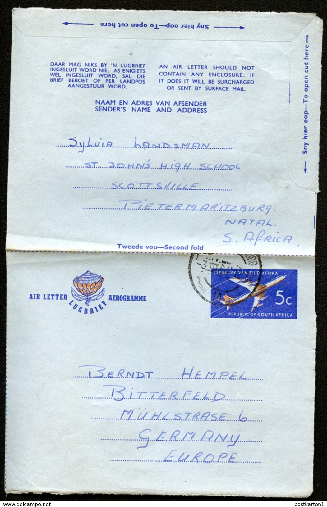 SOUTH AFRICA Air Letter #55 Used Pietermaritzburg To East Germany 1964 - Luchtpost