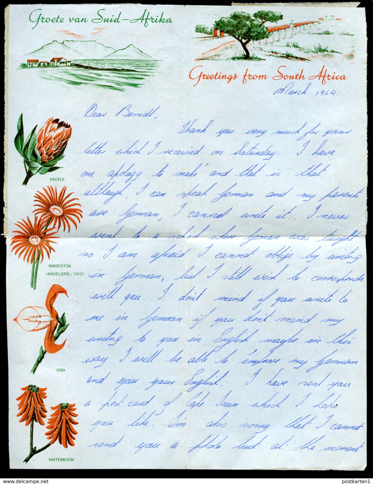 SOUTH AFRICA Air Letter #55 Used Pietermaritzburg To East Germany 1964 - Luchtpost