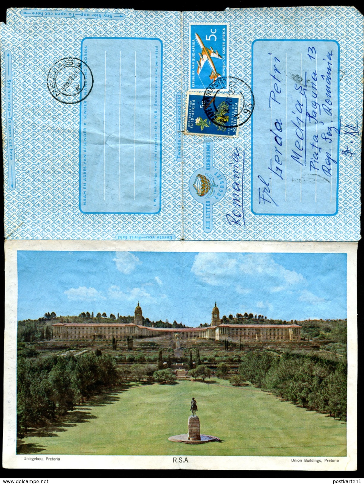 SOUTH AFRICA Air Letter VIEW PRETORIA #57 Used Cape Town To ROMANIA 1970 - Posta Aerea