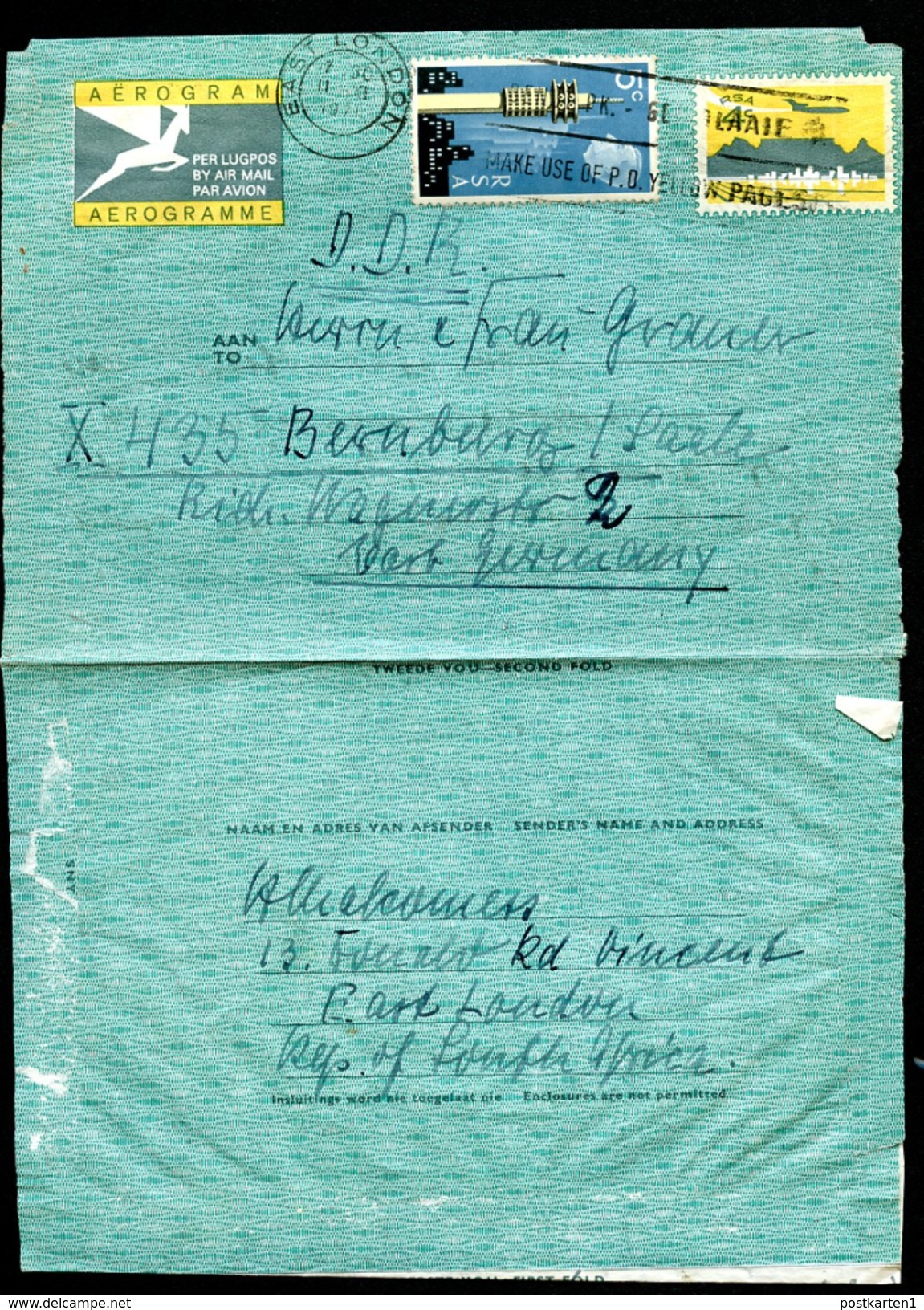 SOUTH AFRICA Air Letter 4c+5c Properly Used EAST LONDON To East Germany 1971 - Posta Aerea