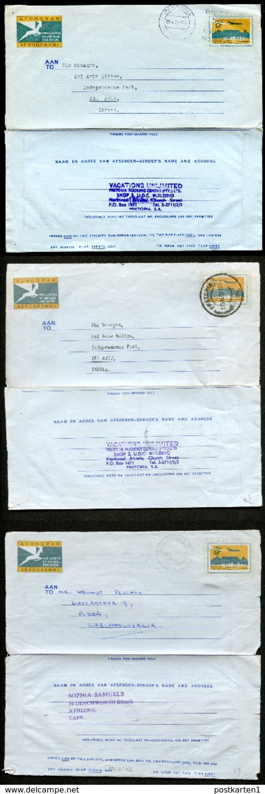 SOUTH AFRICA 3 Air Letters Used To Czechoslovakia & Israel 1972 - Luchtpost