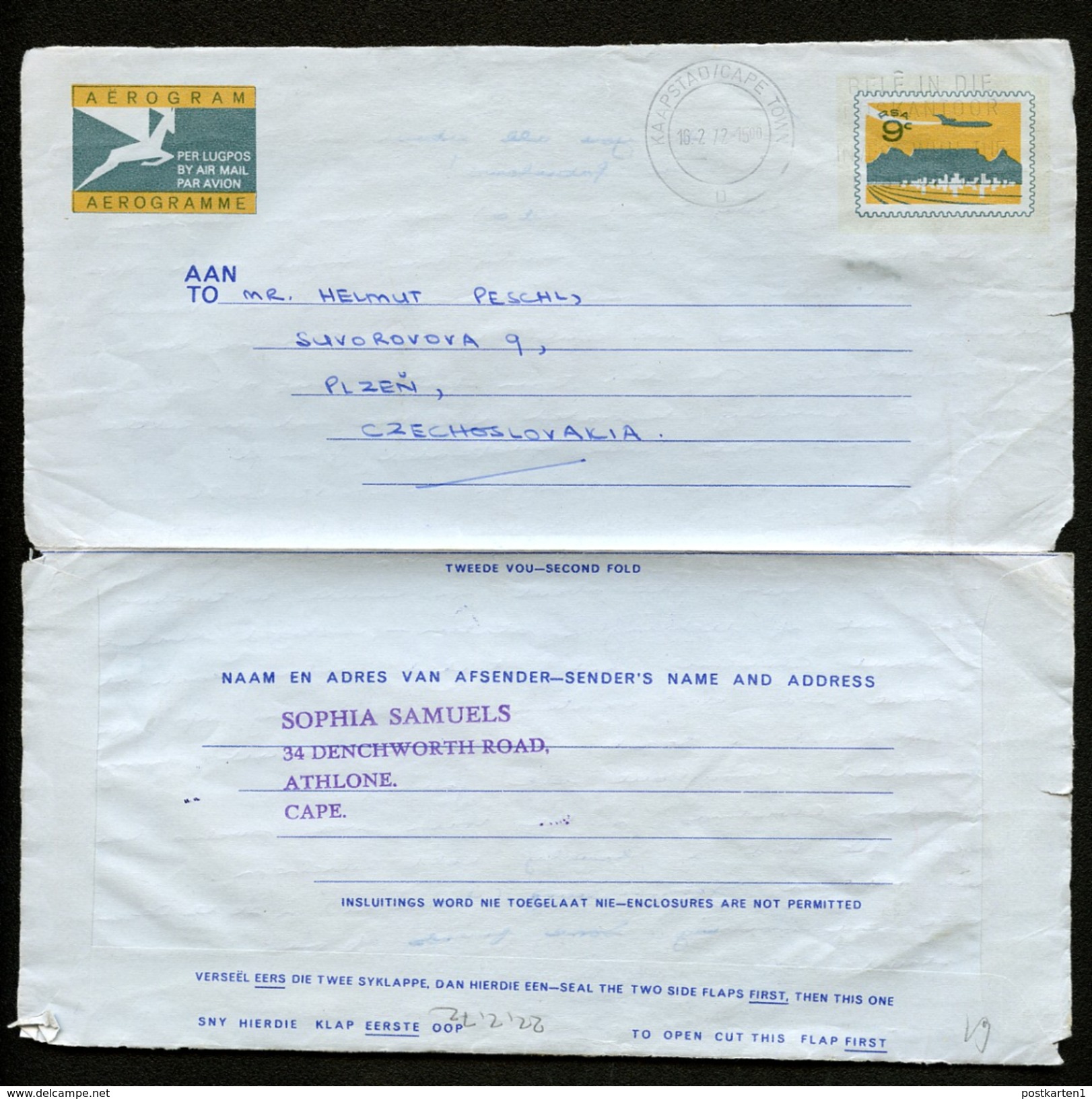 SOUTH AFRICA 3 Air Letters Used To Czechoslovakia & Israel 1972 - Aéreo