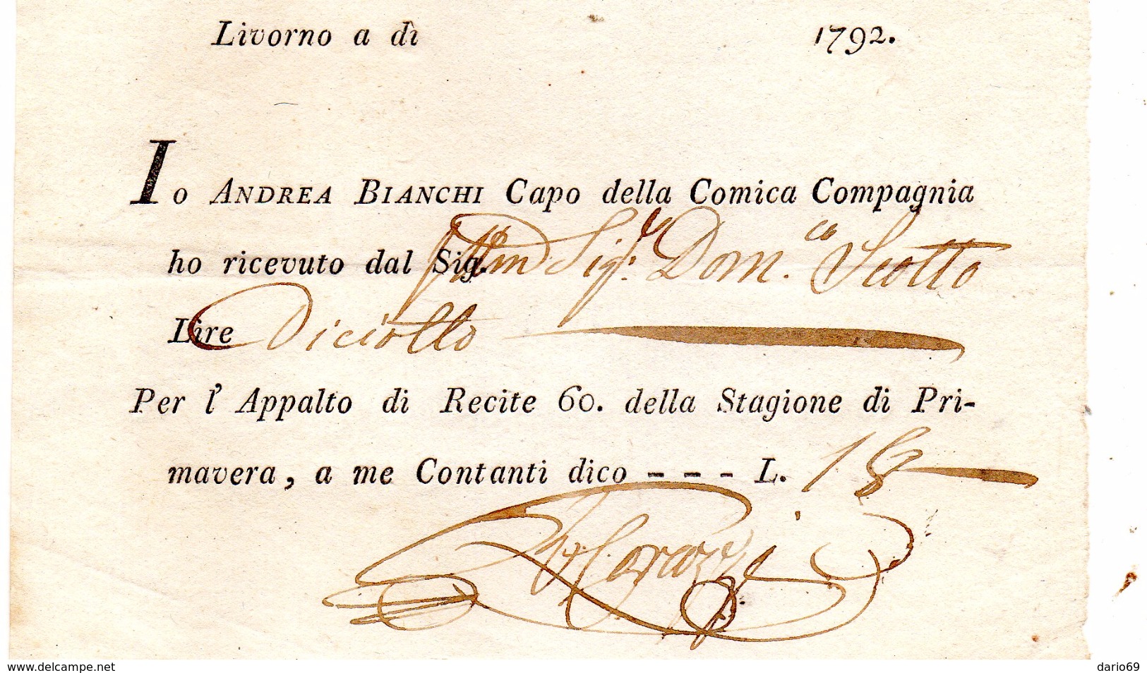 1792  LIVORNO RICEVUTA ANDREA BIANCHI CAPO DELLA COMICA COMPAGNIA - APPALTO TEATRALE - Italia