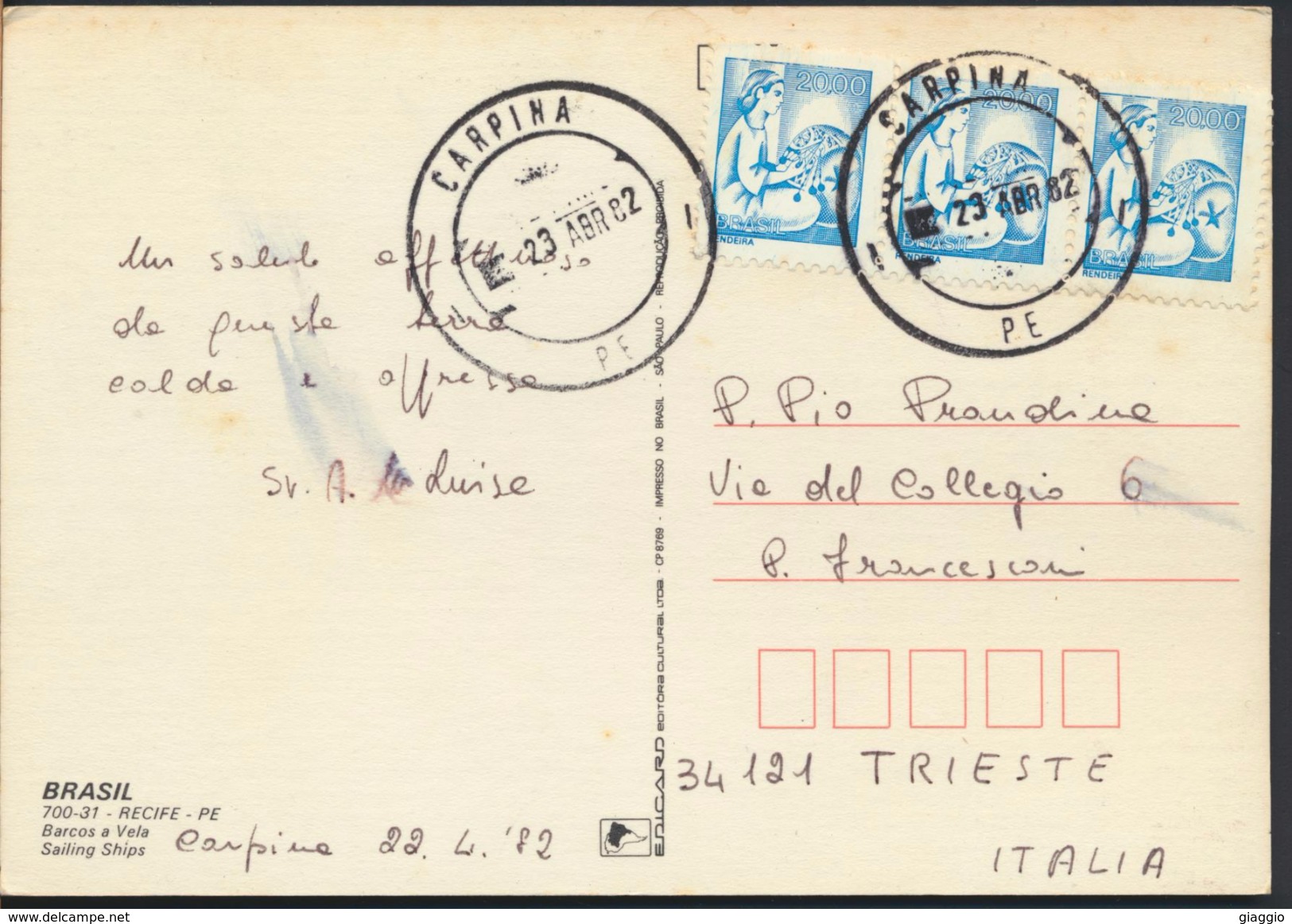 °°° 3659 - BRASIL - RECIFE - BARCOS A VELA - 1982 With Stamps °°° - Recife
