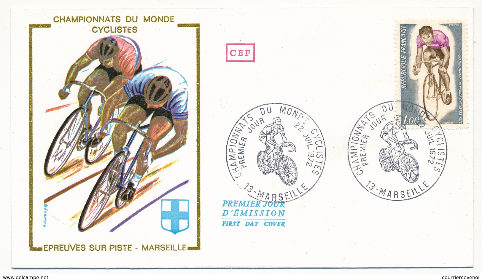 Beau Lot 18 enveloppes FDC - 1,00F Championnats du monde cyclistes - Cachets Marseille, Gap, PJ et Championnats, OMEC x2