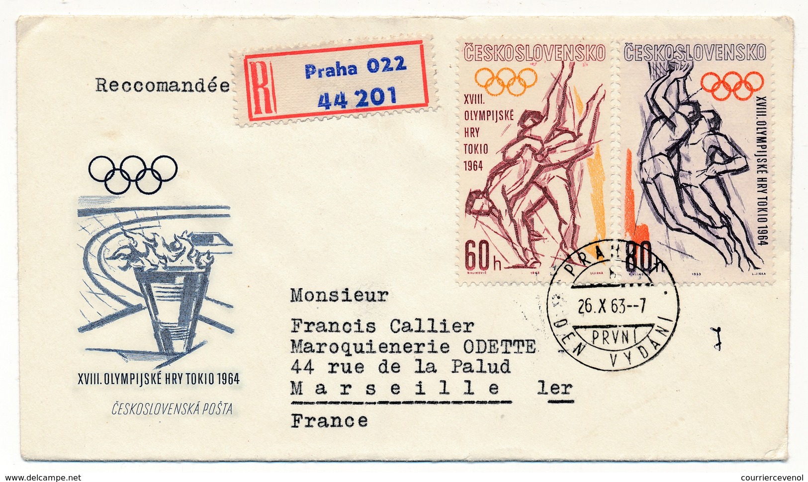 TCHECOSLOVAQUIE - Série TOKIO 1964 - 3 FDC Ayant Voyagé, Recommandés Avec Affr. Complémentaires - FDC