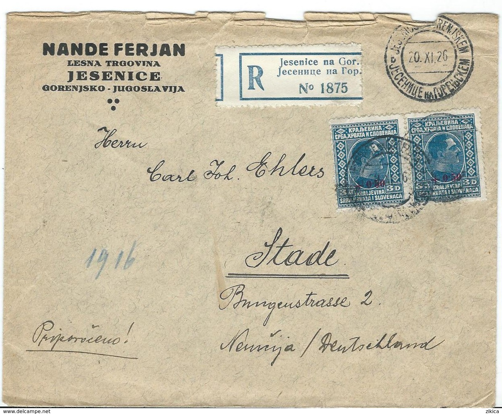 Slovenia R - Letter. Via Germany. Jesenice 20.XI 1926 - Stade 23.11.1926 - Slovénie