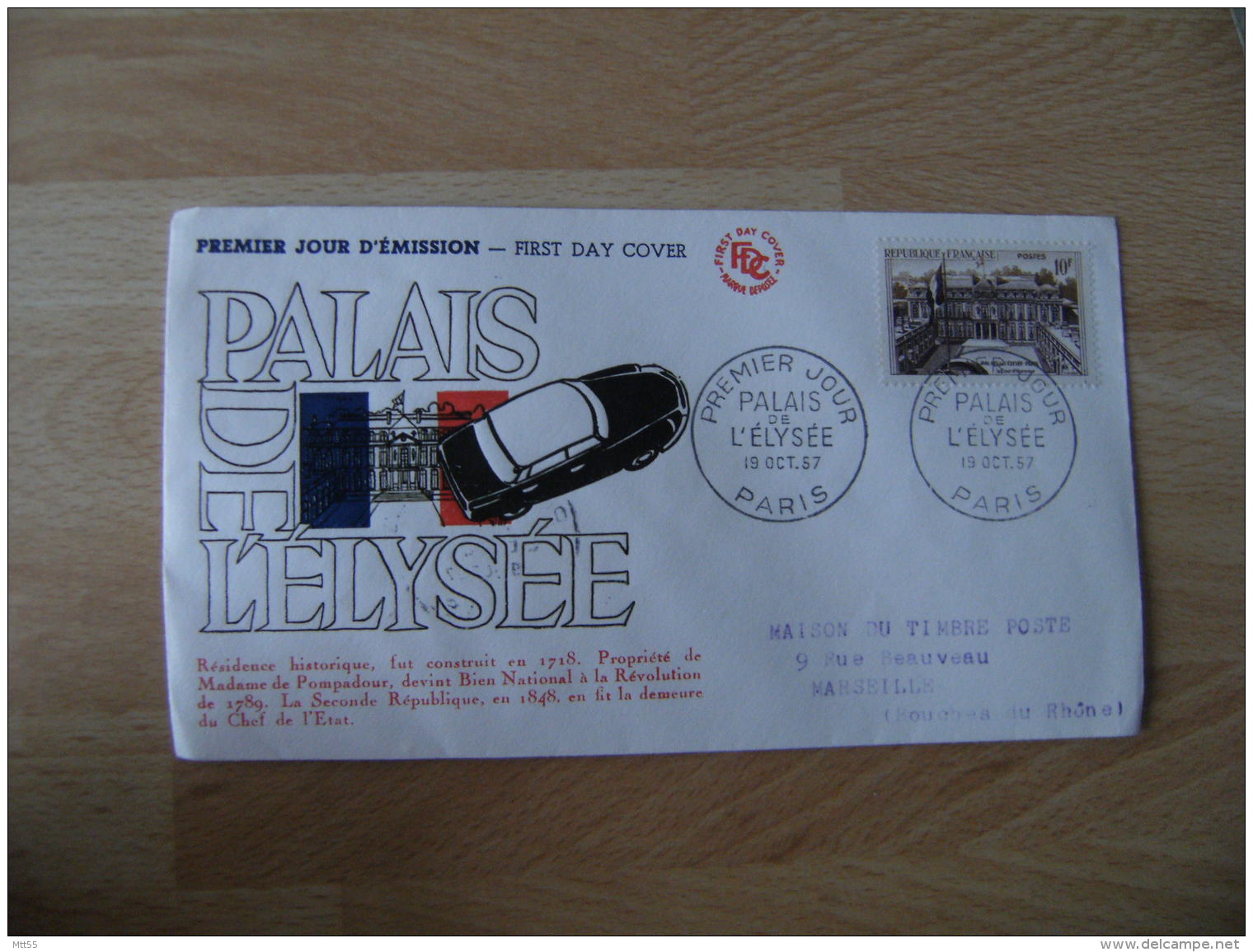 Palais Elysee Fdc Enveloppe 1 Er Jour 1957 - 1950-1959