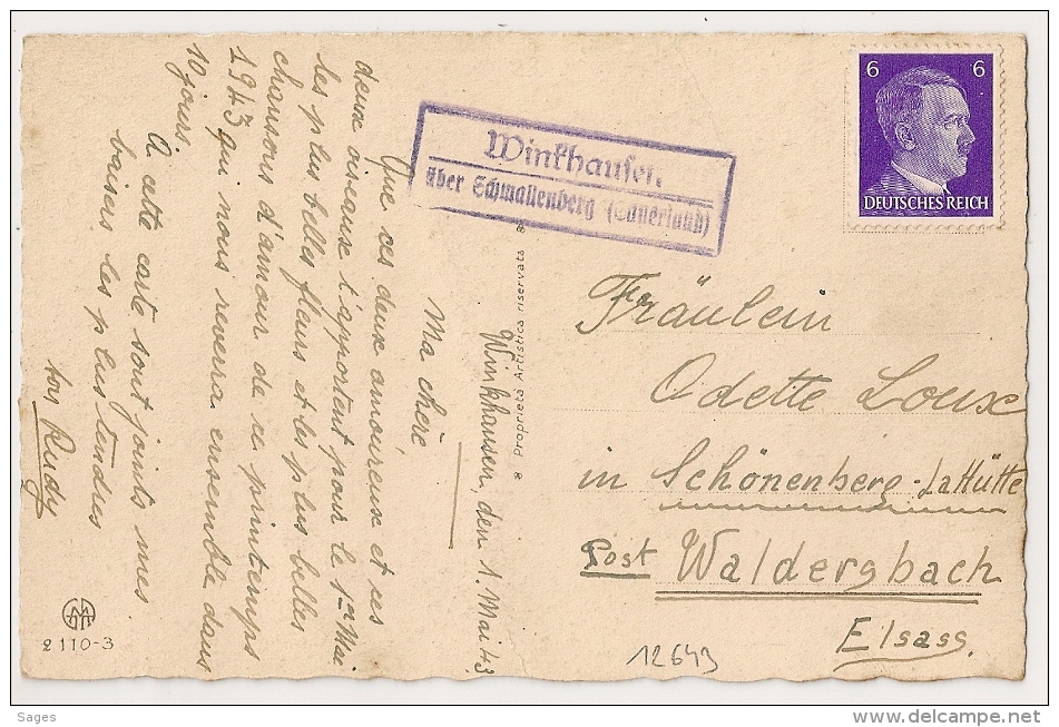 WINKHAUSEN Deutschland DEUTCHES REICH Pour WALDERGBACH Elsass. 1943 - Lettres & Documents