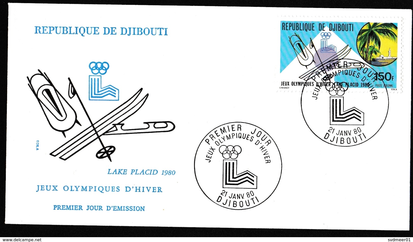 Djibouti: FDC First Day Cover, 1980, 1 Stamp, Winter Olympics, Skiing, Bobsled, Sports (minor Discolouring) - Djibouti (1977-...)