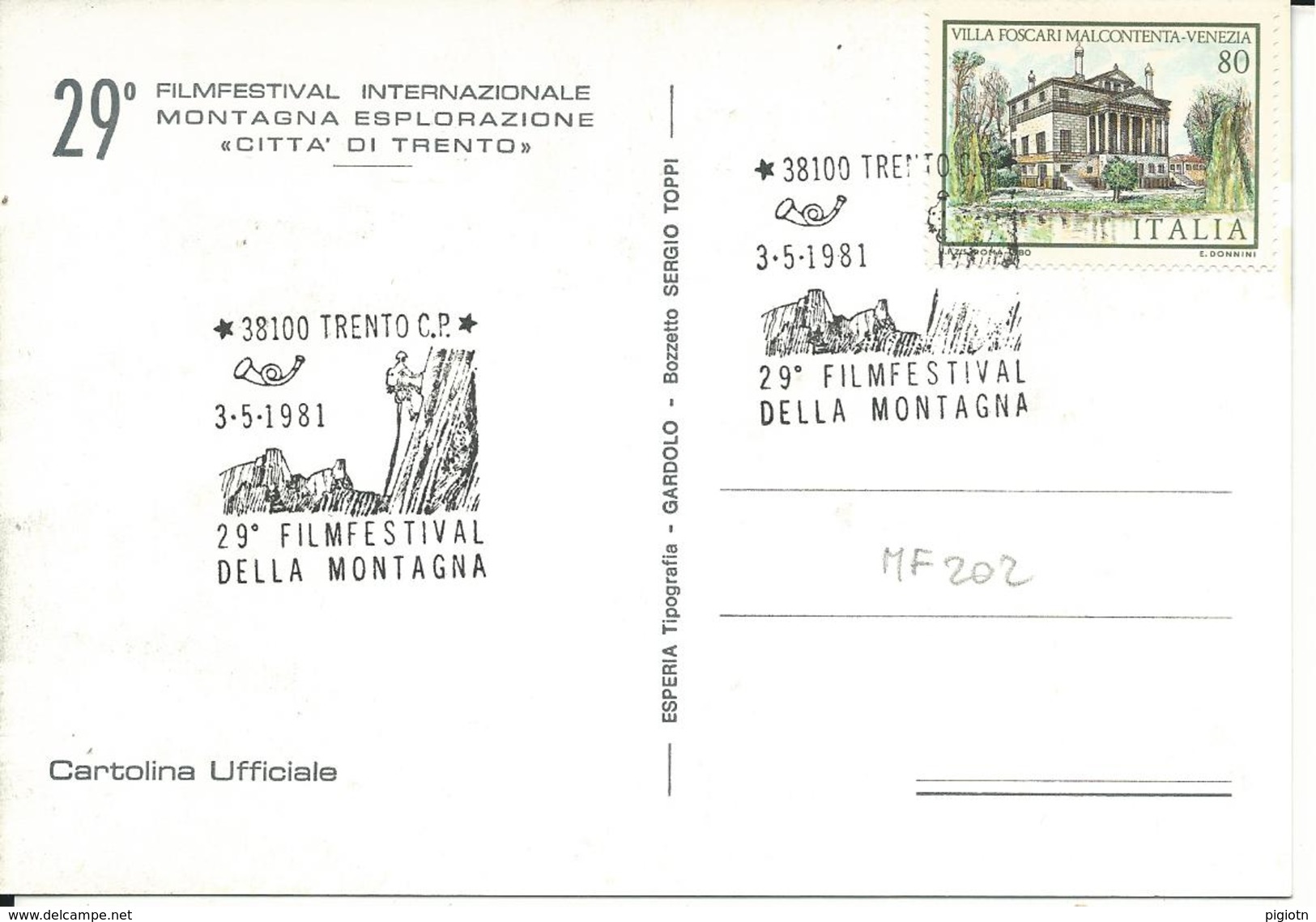 MF202 -MARCOFILIA - TRENTO - 29° FILMFESTIVAL DELLA MONTAGNA 3.5.1981- SU CARTOLINA - 1981-90: Storia Postale