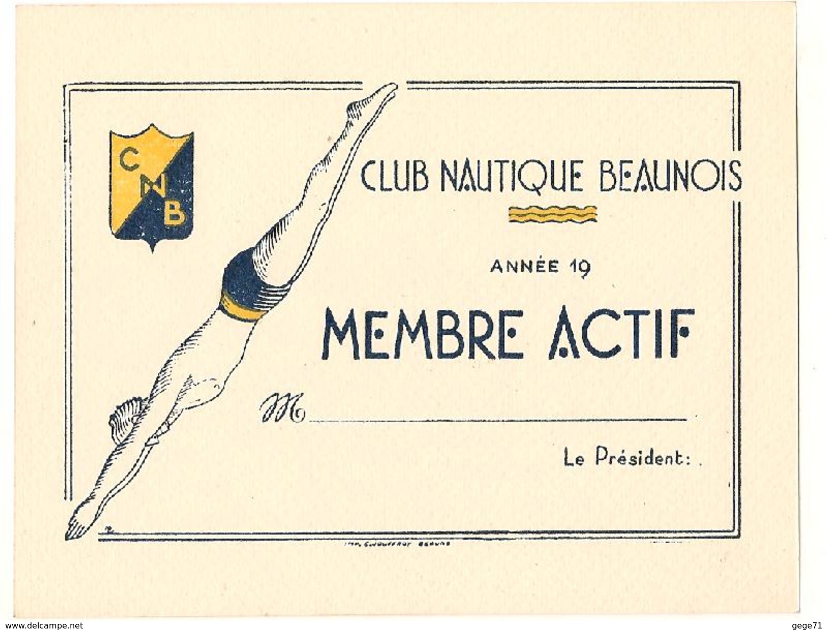 Beaune - Carte Vierge De Natation - Club Nautique Beaunois - Membre Actif - Schwimmen