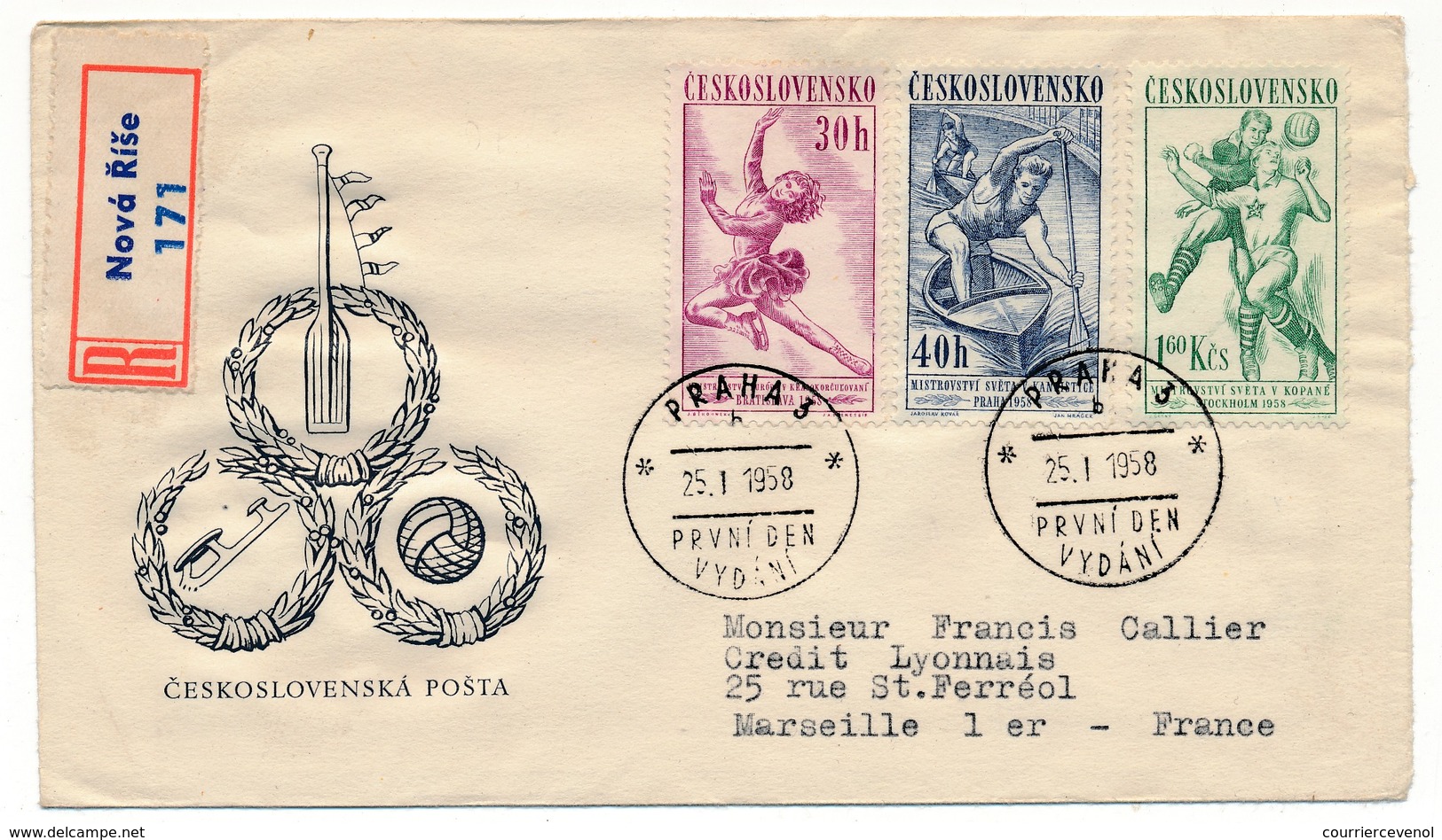 TCHECOSLOVAQUIE - Série SPORTS (Hand Ball, Parachutisme, Football, Canoé... - Sur 2 FDC Ayant Voyagé 1958 - FDC