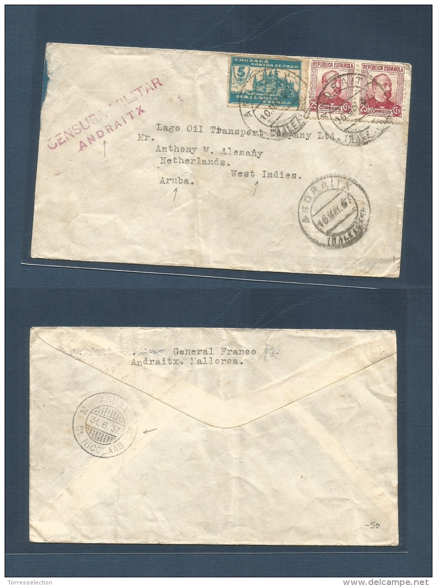 E-Guerra Civil. 1937 (16 Mayo) Baleares, Andraitx - Dutch West Indies, Areuba (31 Mayo) Multifkd Envelope Including Bene - Altri & Non Classificati