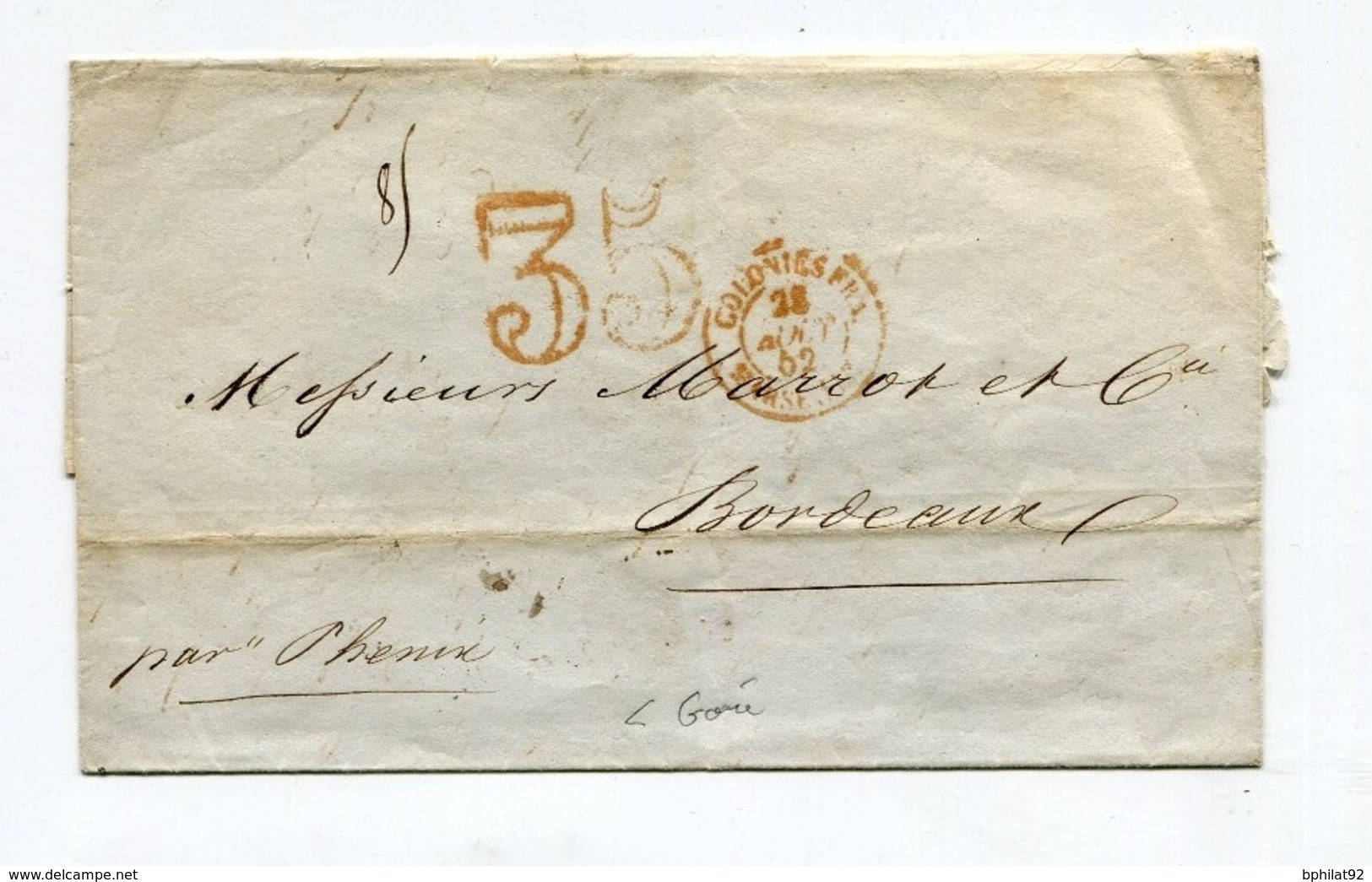 !!! MARQUE POSTALE COLONIES PAR MARSEILLE + TAXE 35 SUR LETTRE SANS TEXTE DE 1852 EN PROVENANCE DE GOREE ( SENEGAL ) - 1849-1876: Période Classique