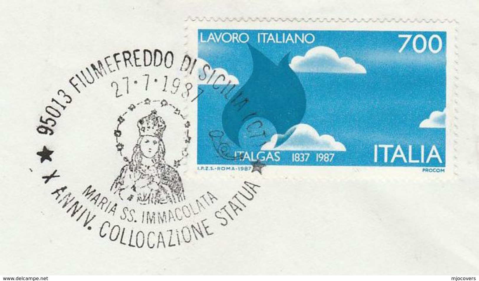 1987 ITALY COVER RELIGION EVENT Pmk  MARIA SS IMACOLATA  STATUE , Gas ITALGAS GAS CO Stamps Energy - Christendom