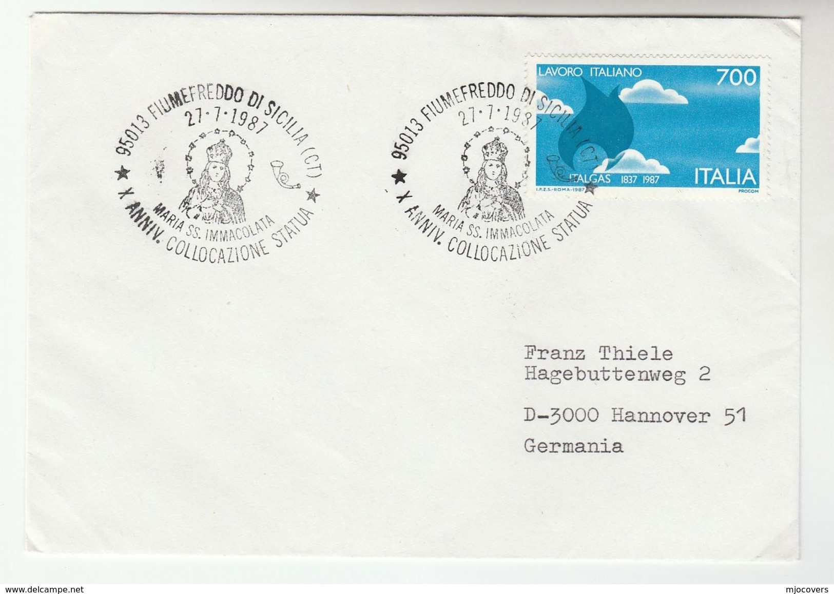 1987 ITALY COVER RELIGION EVENT Pmk  MARIA SS IMACOLATA  STATUE , Gas ITALGAS GAS CO Stamps Energy - Christianity