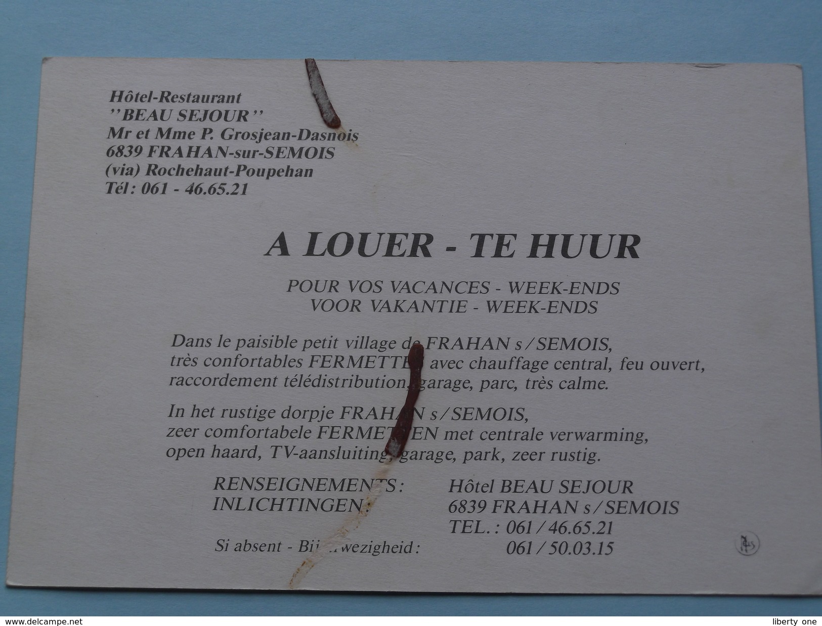 Hôtel-Restaurant " BEAU SEJOUR " Frahan-sur-Semois ( Grosjean-Dasnois ) Anno 19?? ( Zie/voir Foto Voor Details ) !! - Bouillon