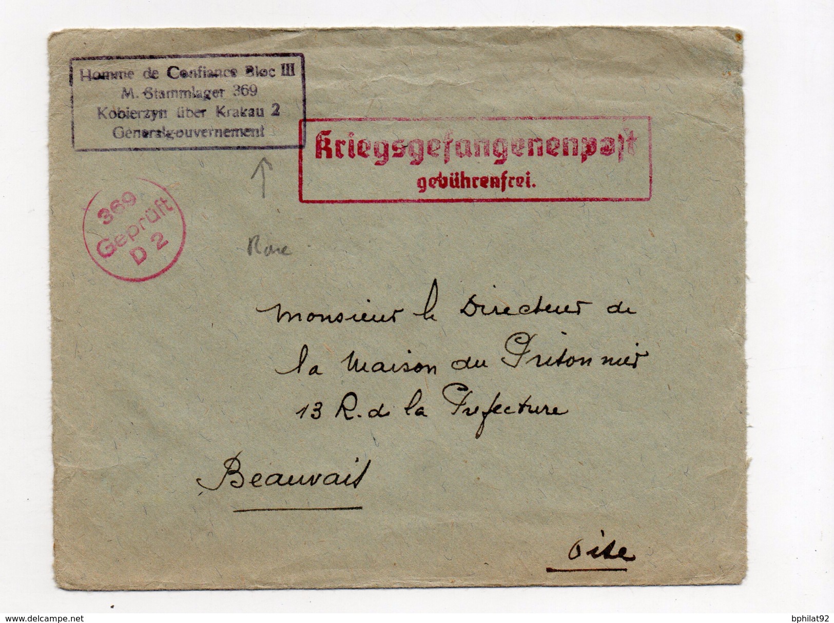 !!! RARE CACHET "HOMME DE CONFIANCE BLOC III  M. STAMMLAGER 369 KOBIERZYN UBER KRAKAU 2, GENERALGOUVERNEMENT" - Guerre De 1939-45