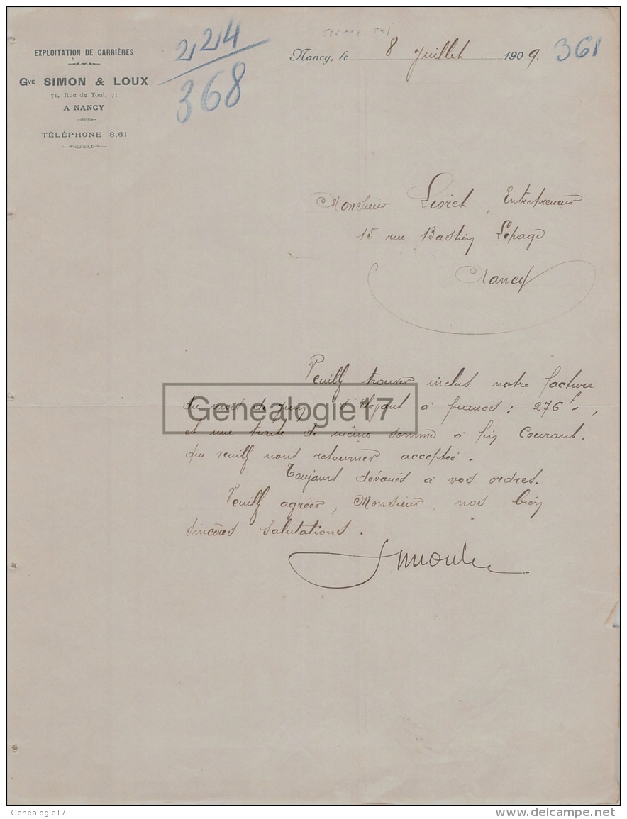 54 820 NANCY MEURTHE MOSELLE 1909 Exploitation De Carrieres GUSTAVE SIMON - LOUX Rue De Toul CARRIERE A LIORET - 1900 – 1949