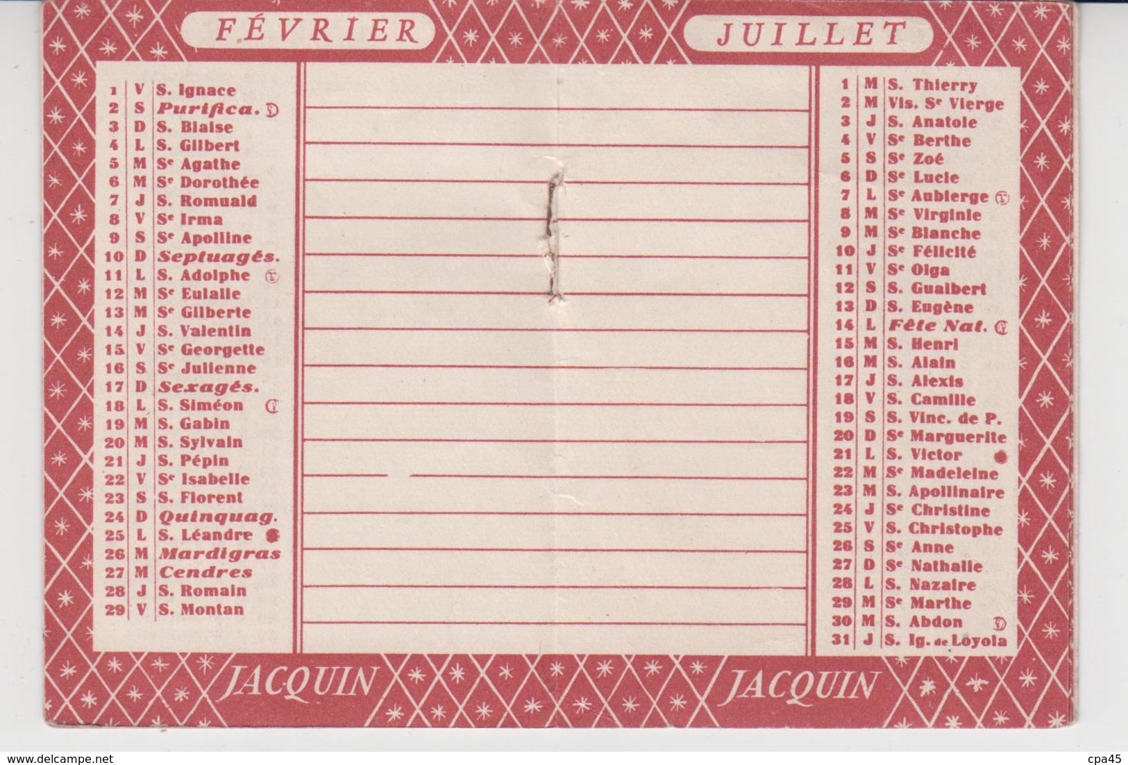 PETIT CALENDRIER 1952  /  PUB  JACQUIN , CHOCOLATIER / CONFISEUR  , Rue Pernelle  PARIS IV Chatelet - Tamaño Pequeño : 1941-60