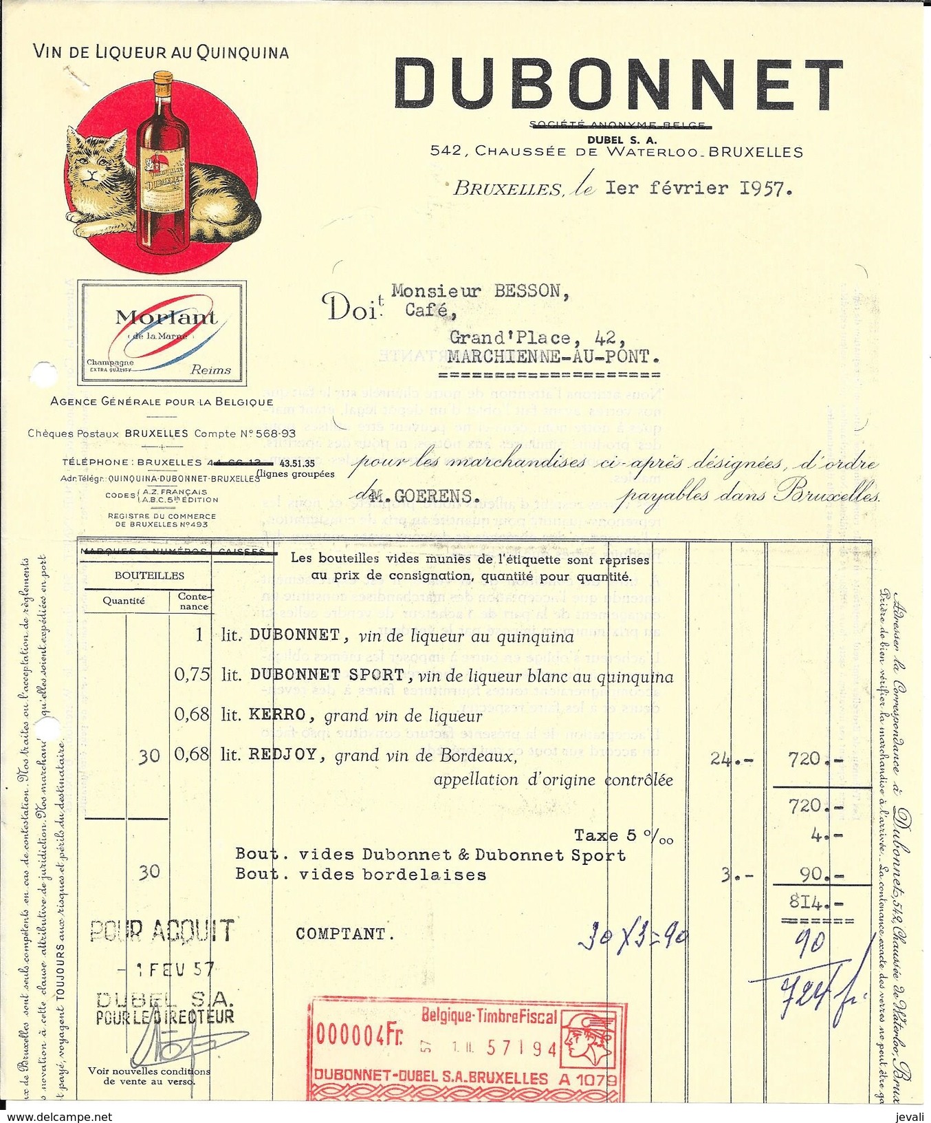 BRUXELLES  -  Dubonnet SA  Vin De Liqueur 1957 - Alimentare