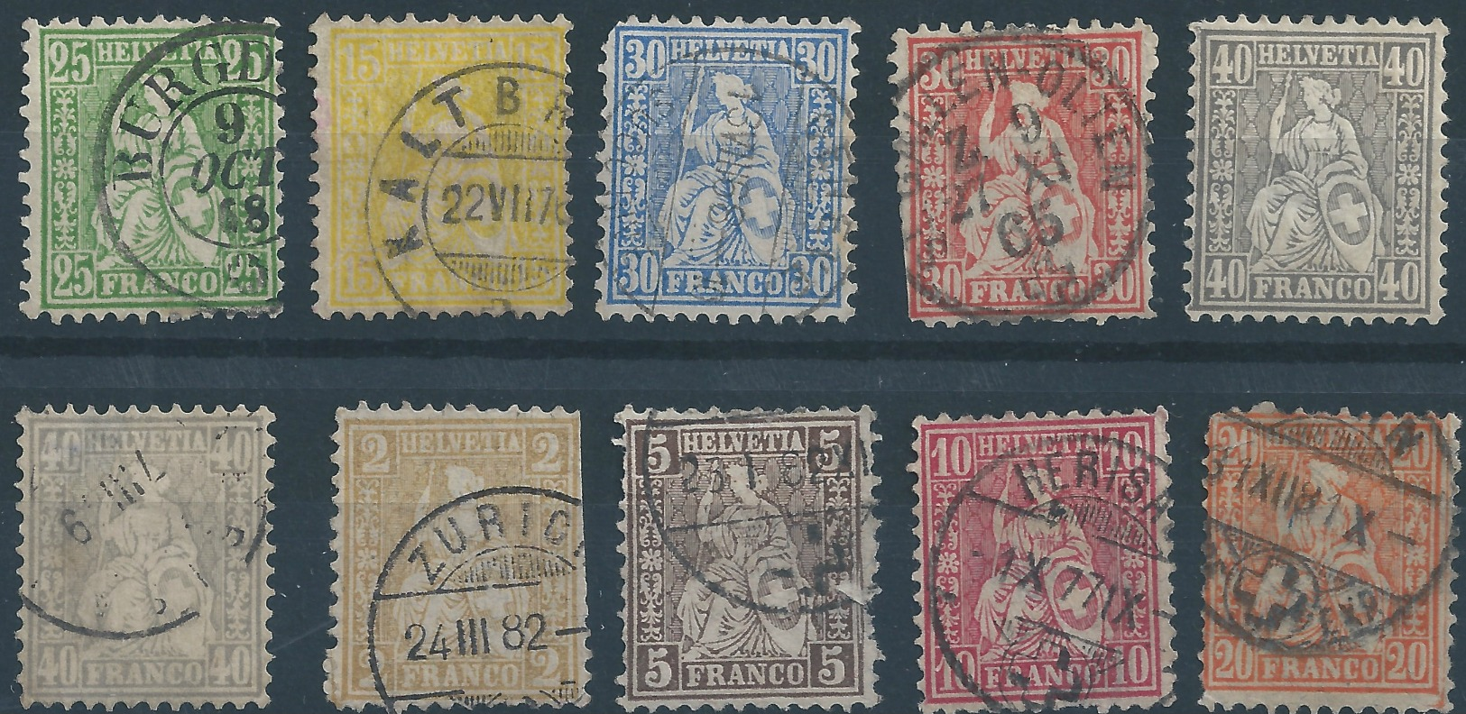 Switzerland Selection Of 10 X Early Issues Seated Helvetia - Used Stamps