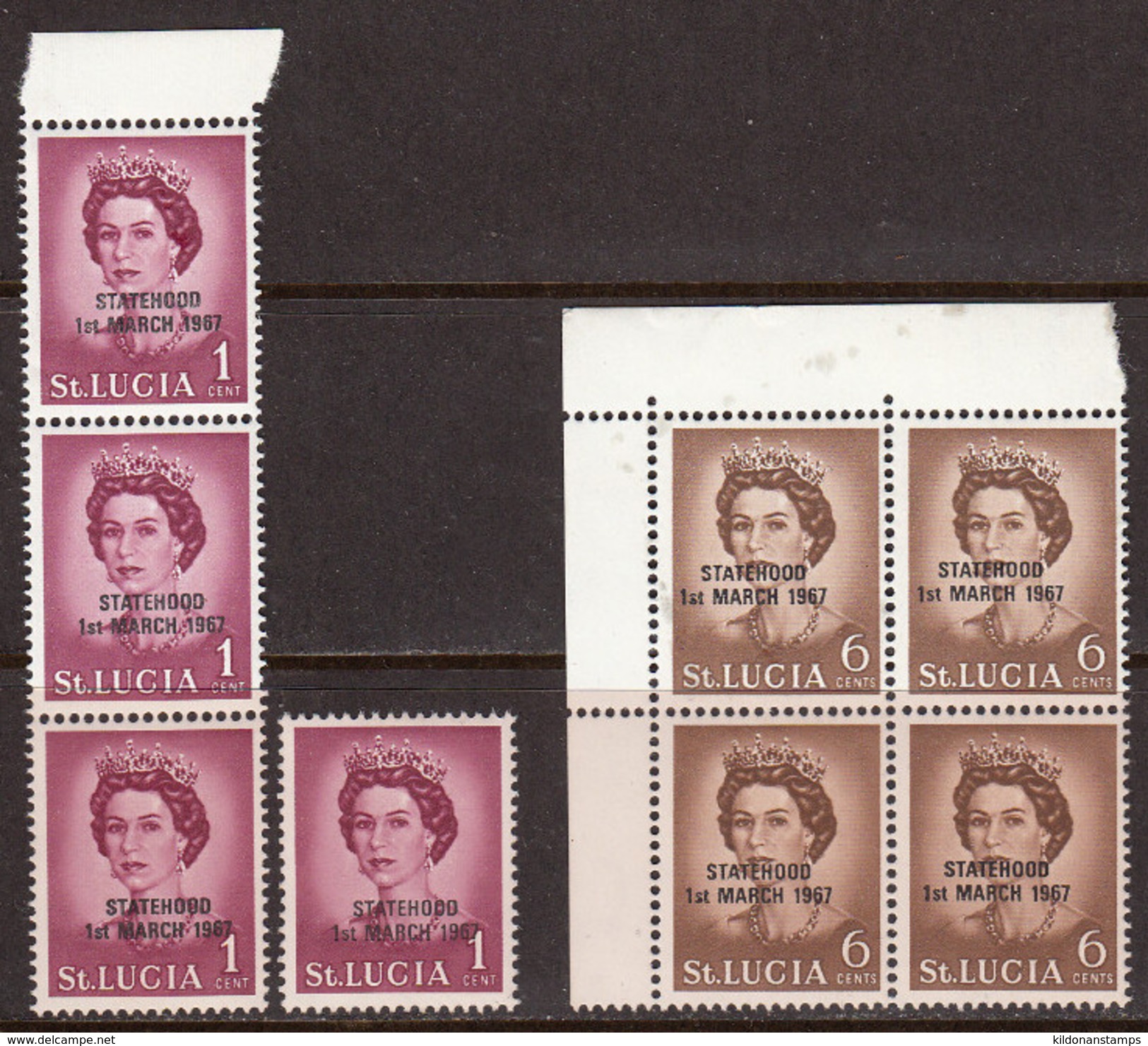 St Lucia 1967 Statehood, Black Overprint, Mint No Hinge, See Desc, Sc ,SG ,Yt 212a,215a - Ste Lucie (...-1978)