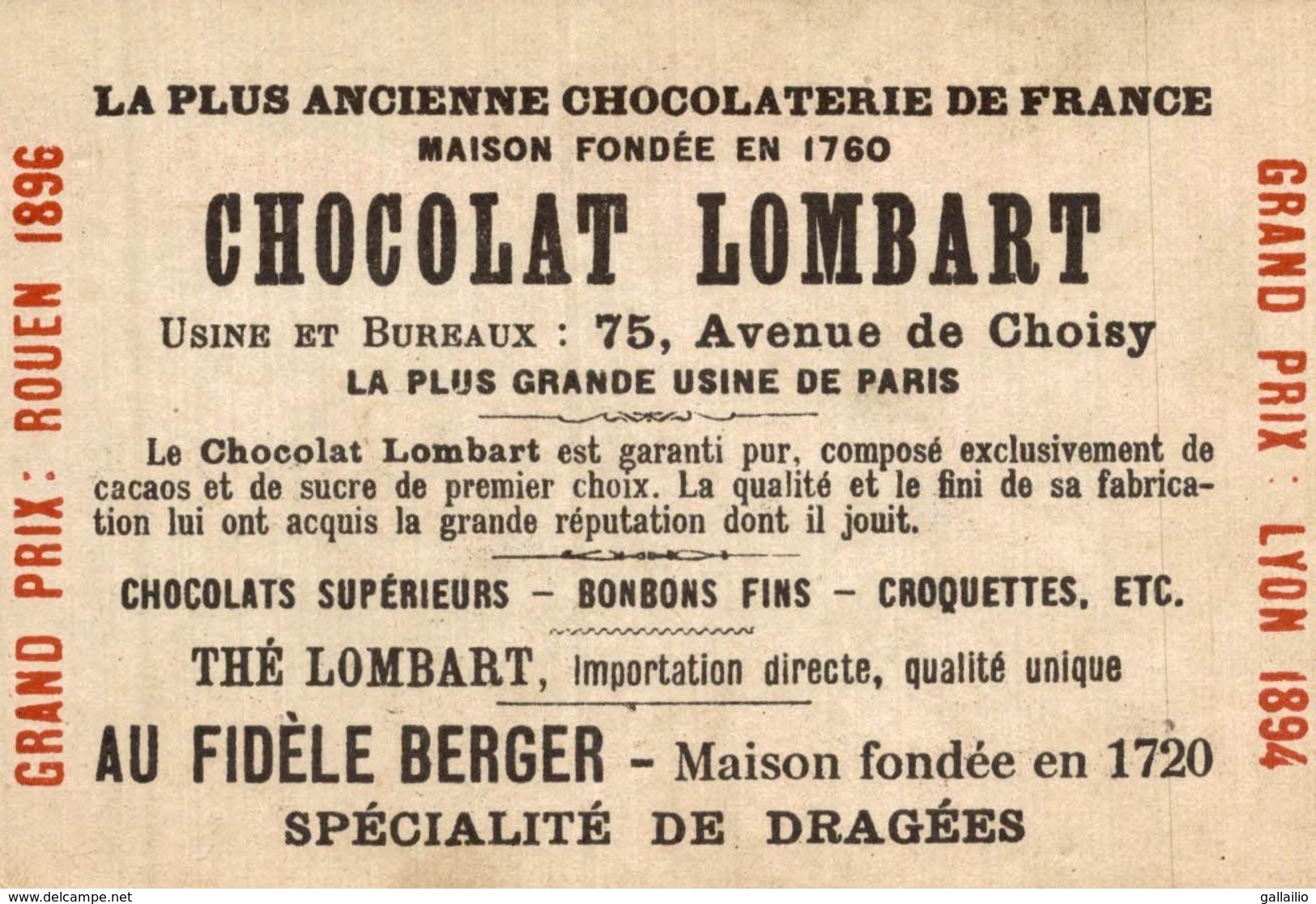 CHROMO CHOCOLAT LOMBART GENEVE ILE JEAN JACQUES ROUSSEAU - Lombart