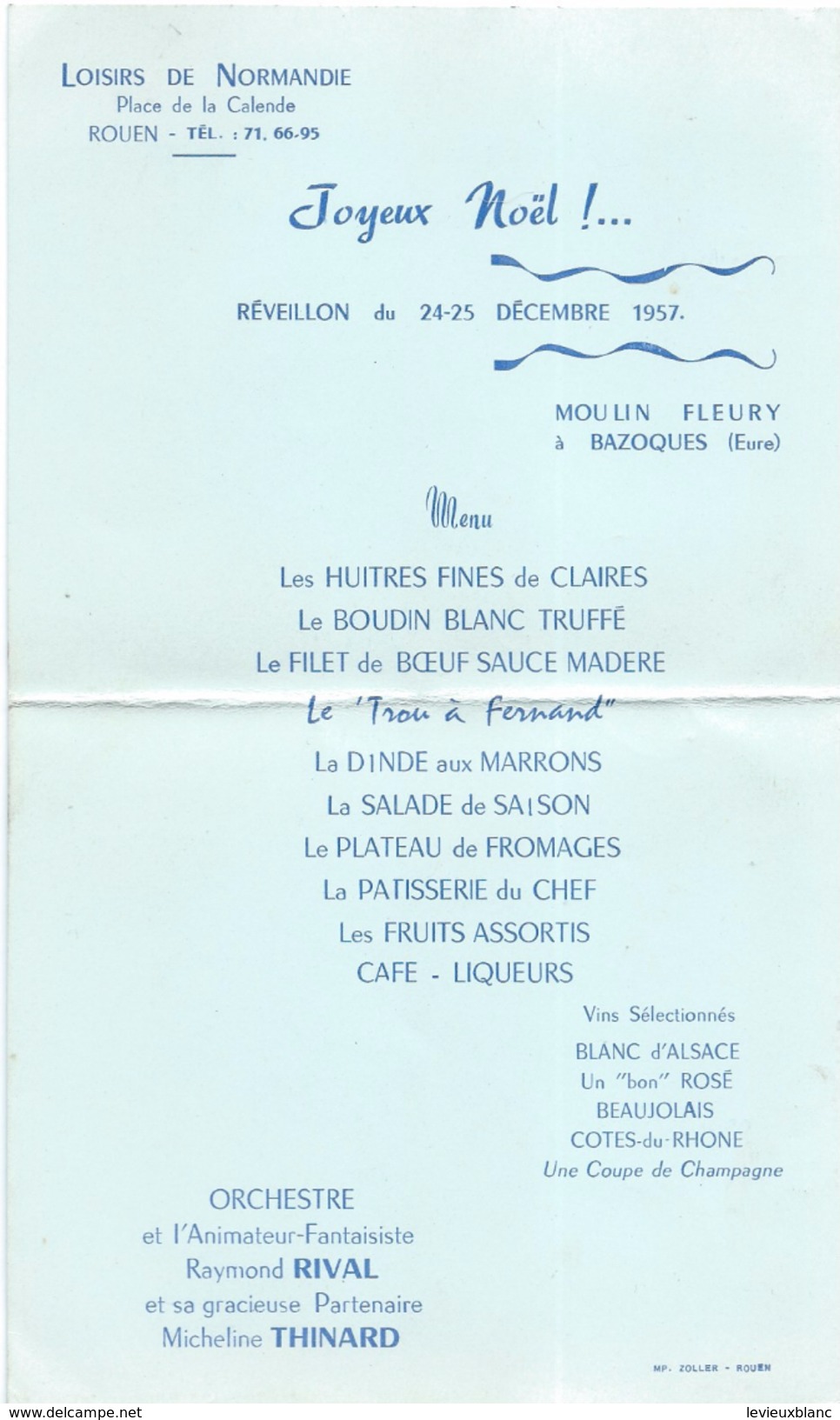 Menu De Noël/Réveillon Du 24 Décembre/Loisirs De Normandie/ROUEN/ Moulin Fleury/BAZOQUES/Eure/  1957   MENU192 - Menus