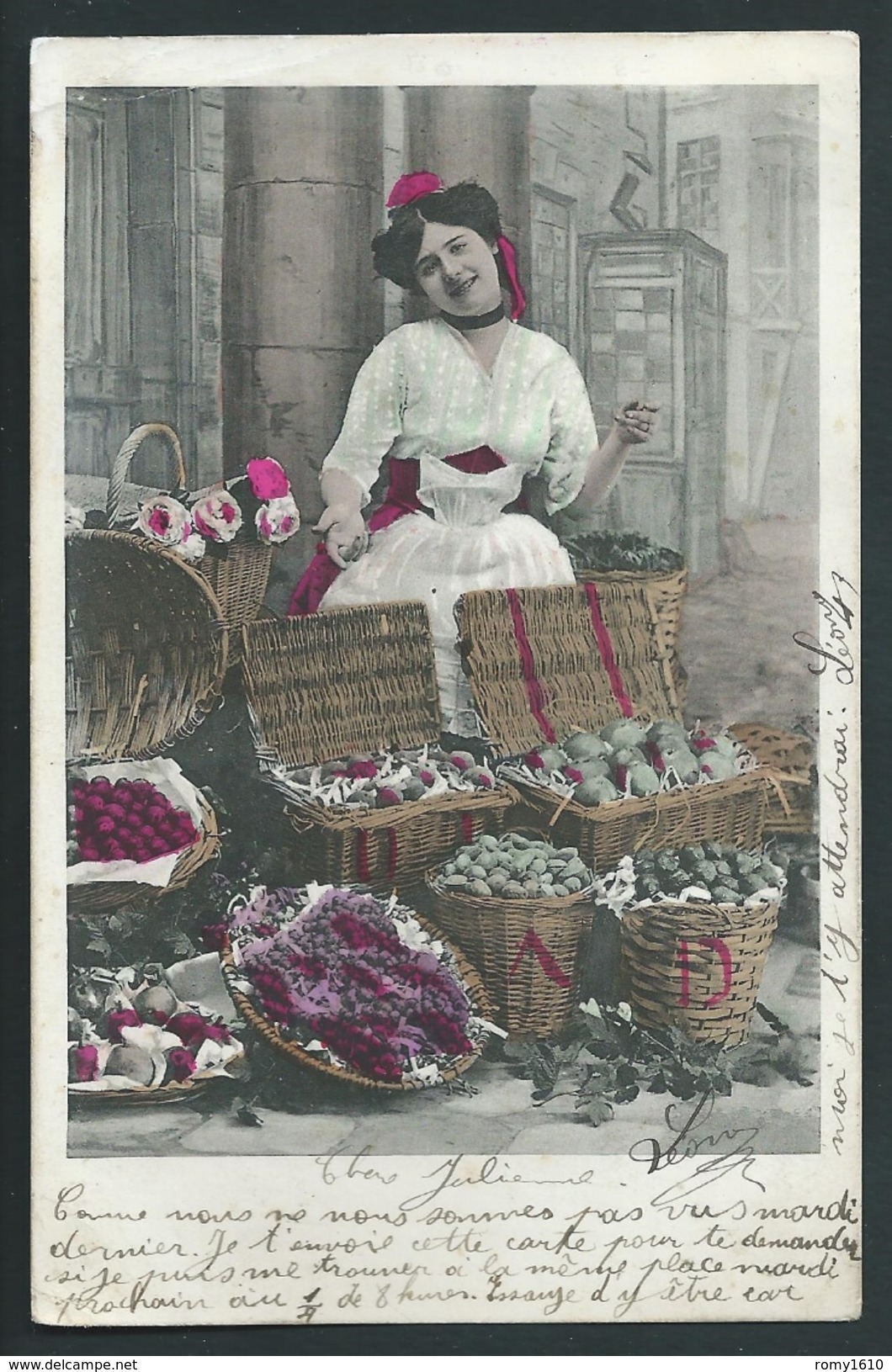 Marchande De Fruits Et Légumes.. Marché. Carte Colorisée. Postée à Angleur. Dos Visible. - Vendedores Ambulantes