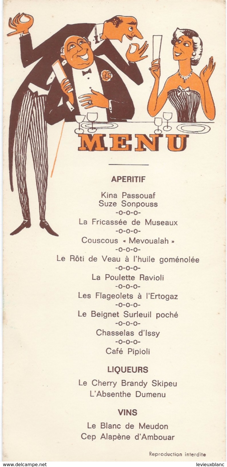 Menu Humoristique/ Reproduction Interdite/"Kina Passouaf" / Vers 1950      MENU203 - Menus