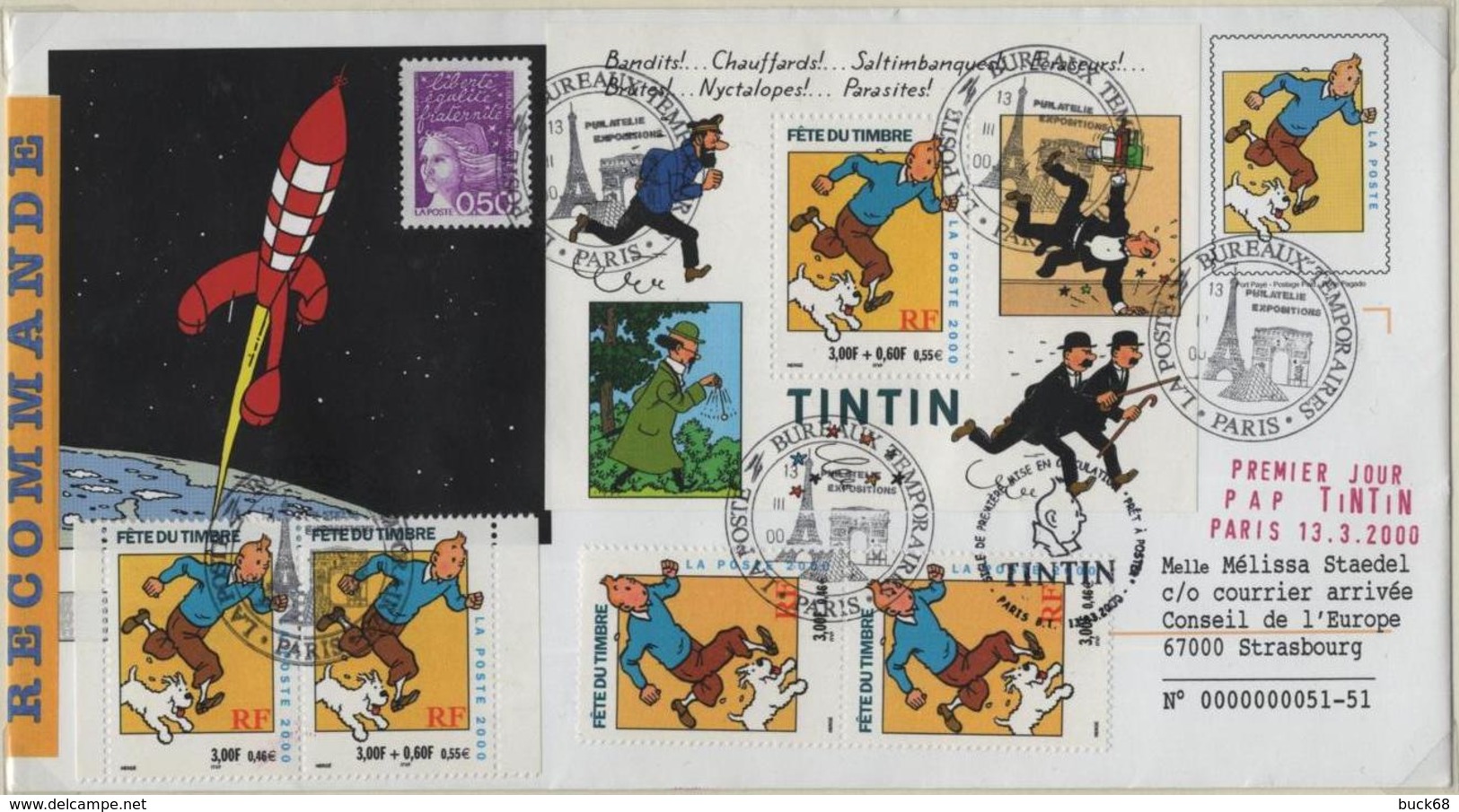 FRANCE 3303 FDC Premier Jour Fête Du Timbre 2000 Enveloppe + Bloc TINTIN HERGE KUIFJE Cachet Paris Recommandé - Bandes Dessinées