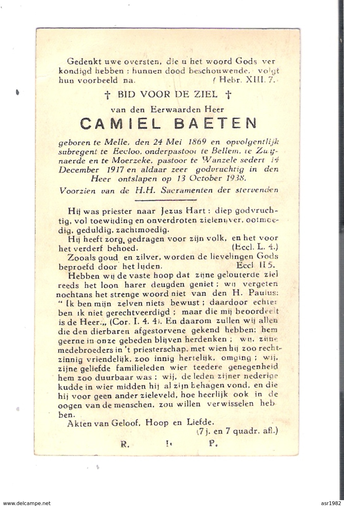 Doodsprentje Pastoor-Priester :  Melle-Eeklo-Bellem-Zwijnaarde-Moerzeke-Wanzele . - Religion & Esotérisme