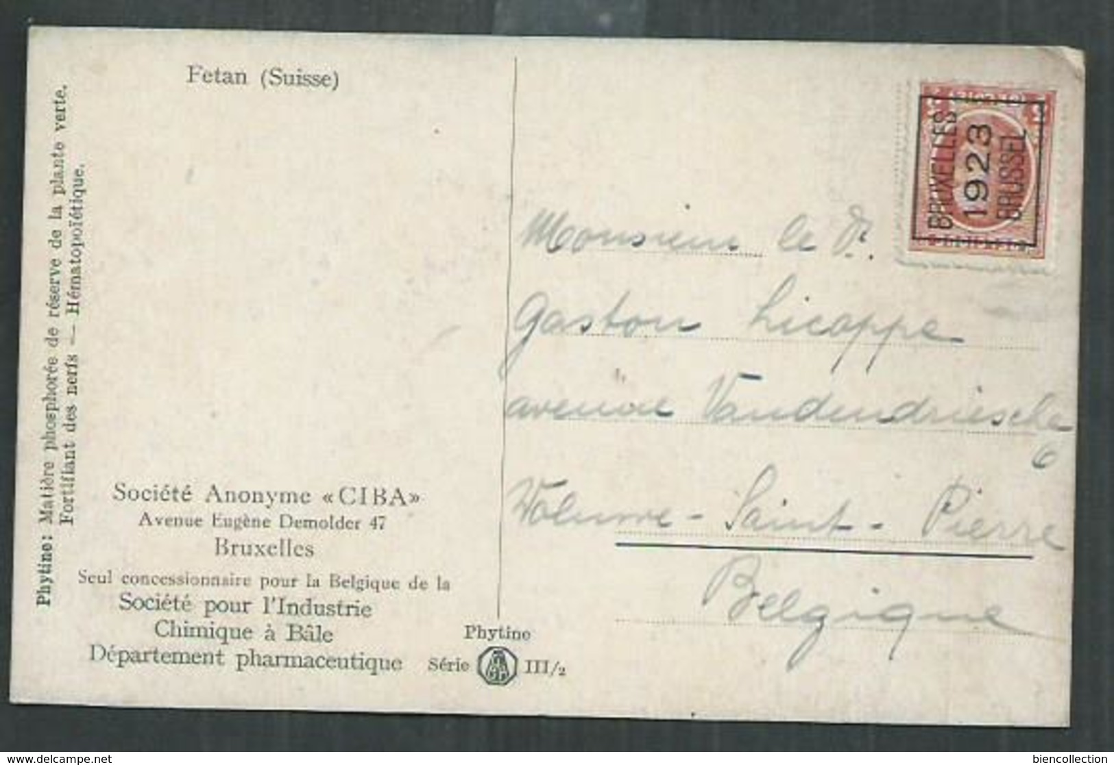 Belgique. Timbre Préoblitéré Sur Carte Postale Publicitaire S.A CIBA  Bruxelles Vue De Fetan (Suisse) - Typografisch 1922-26 (Albert I)