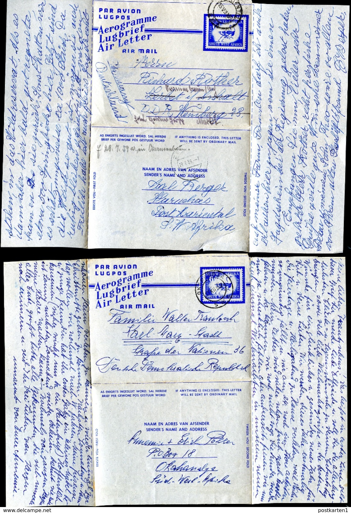 OSTRICHES SOUTH WEST AFRICA 2 Air Letters F11 Used OKAHANDJA+MARIENTAL To East Germany 1957-59 - Autruches