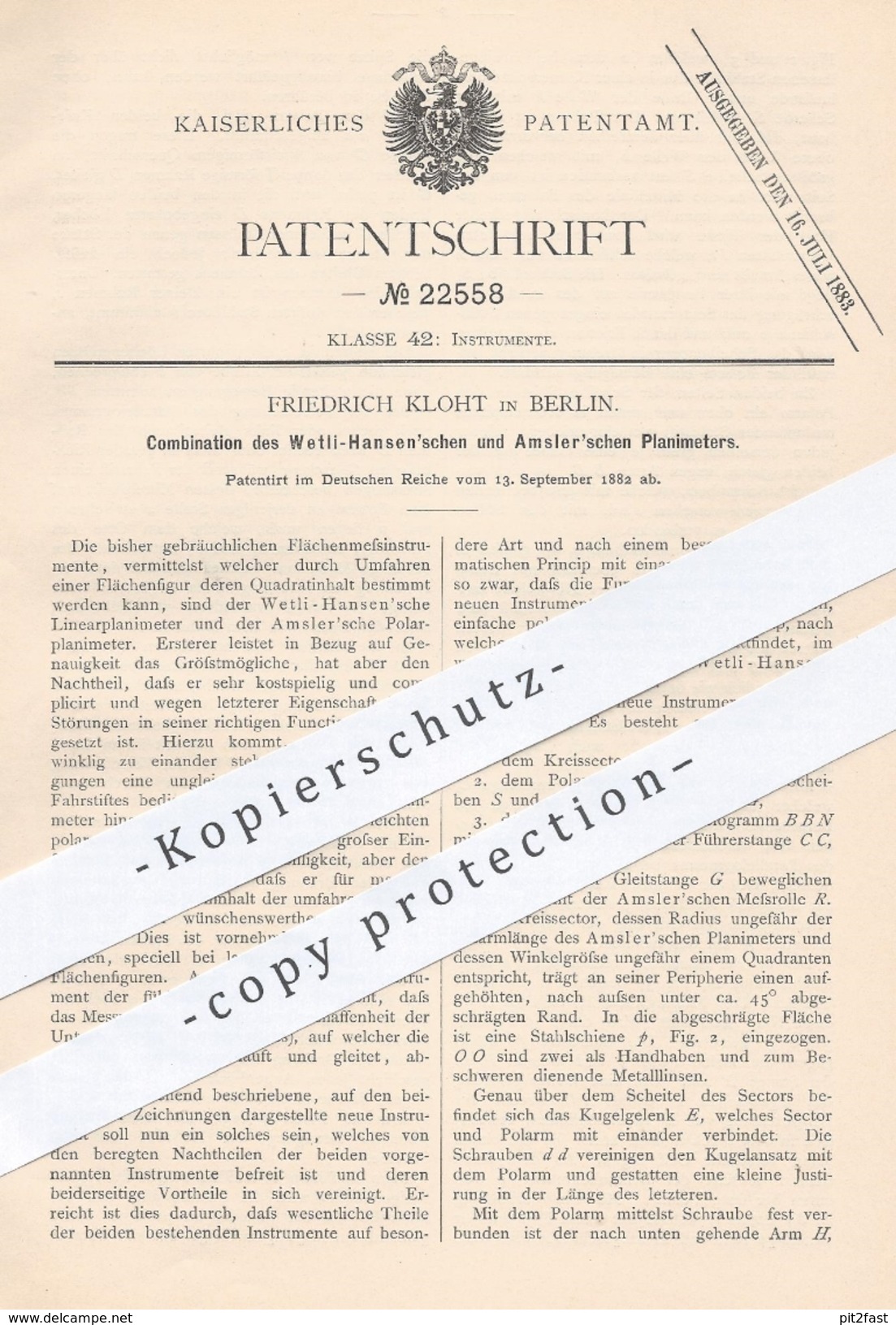 Original Patent - Friedrich Kloht , Berlin , 1882 , Kombination Aus Planimeter Von Wetli Hansen U. Amsler | Mogelkutsche - Documents Historiques